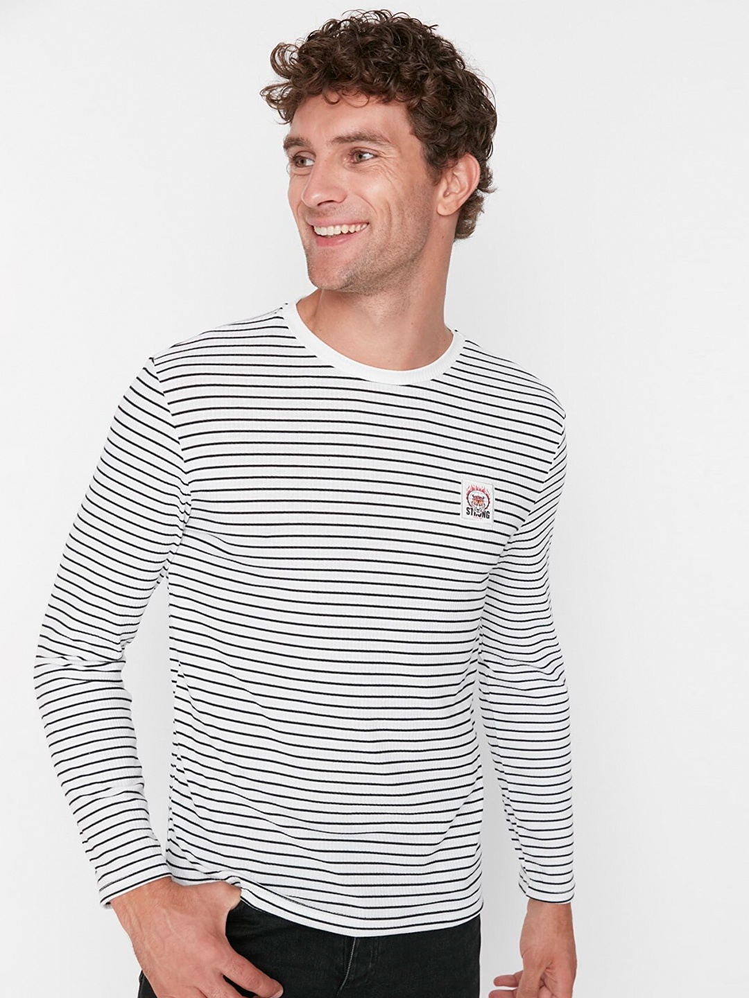 

Trendyol Men White & Black Striped Cotton T-shirt