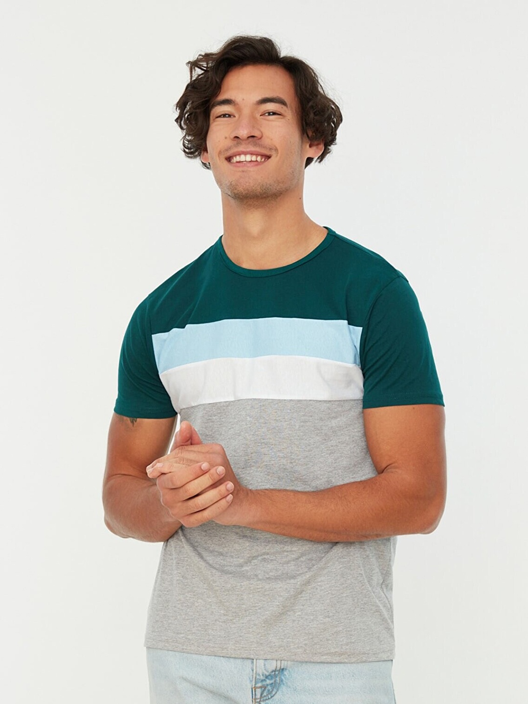 

Trendyol Men Green & Grey Colourblocked Polyester T-shirt