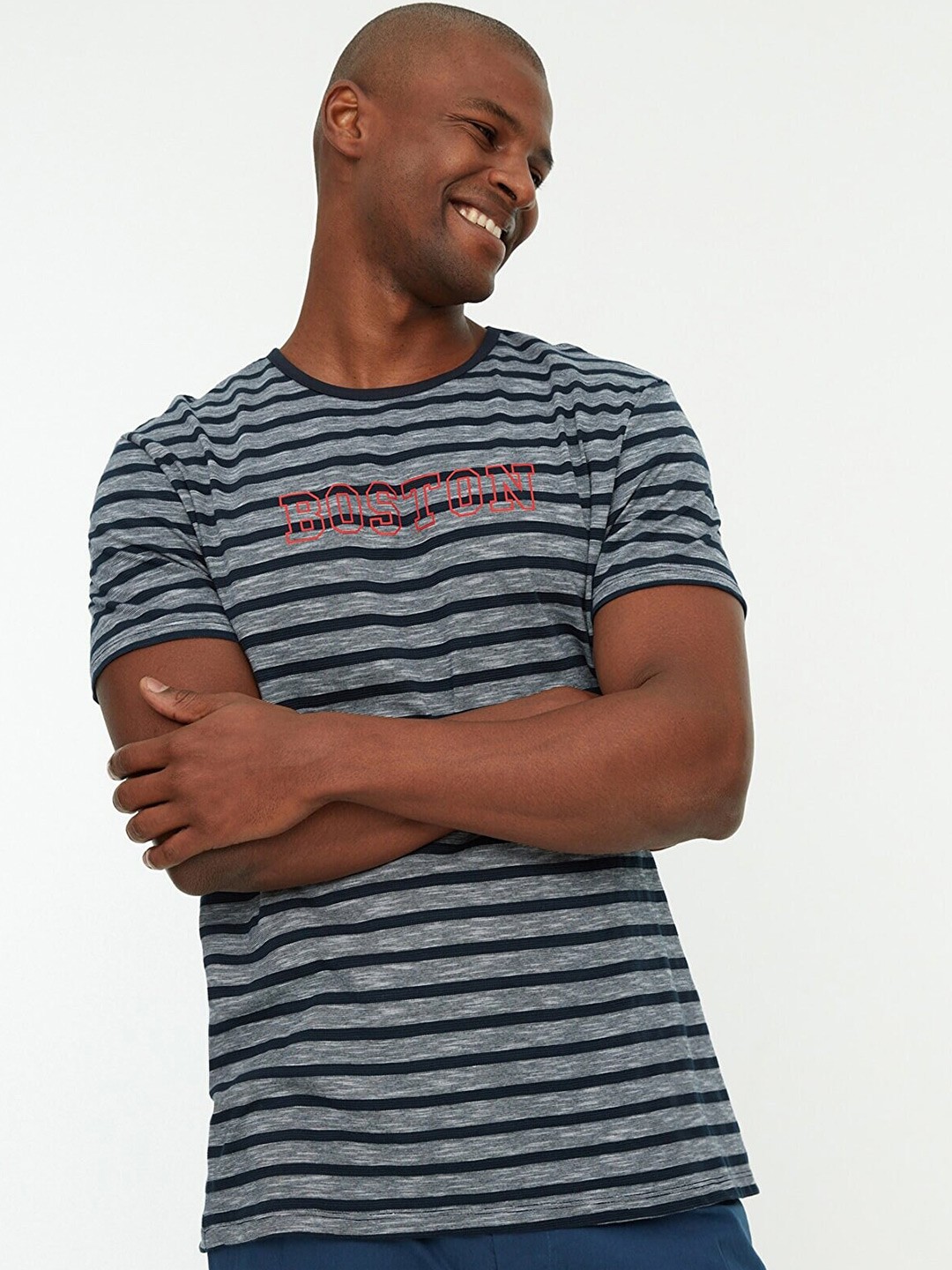 

Trendyol Men Navy Blue & Grey Striped Cotton T-shirt