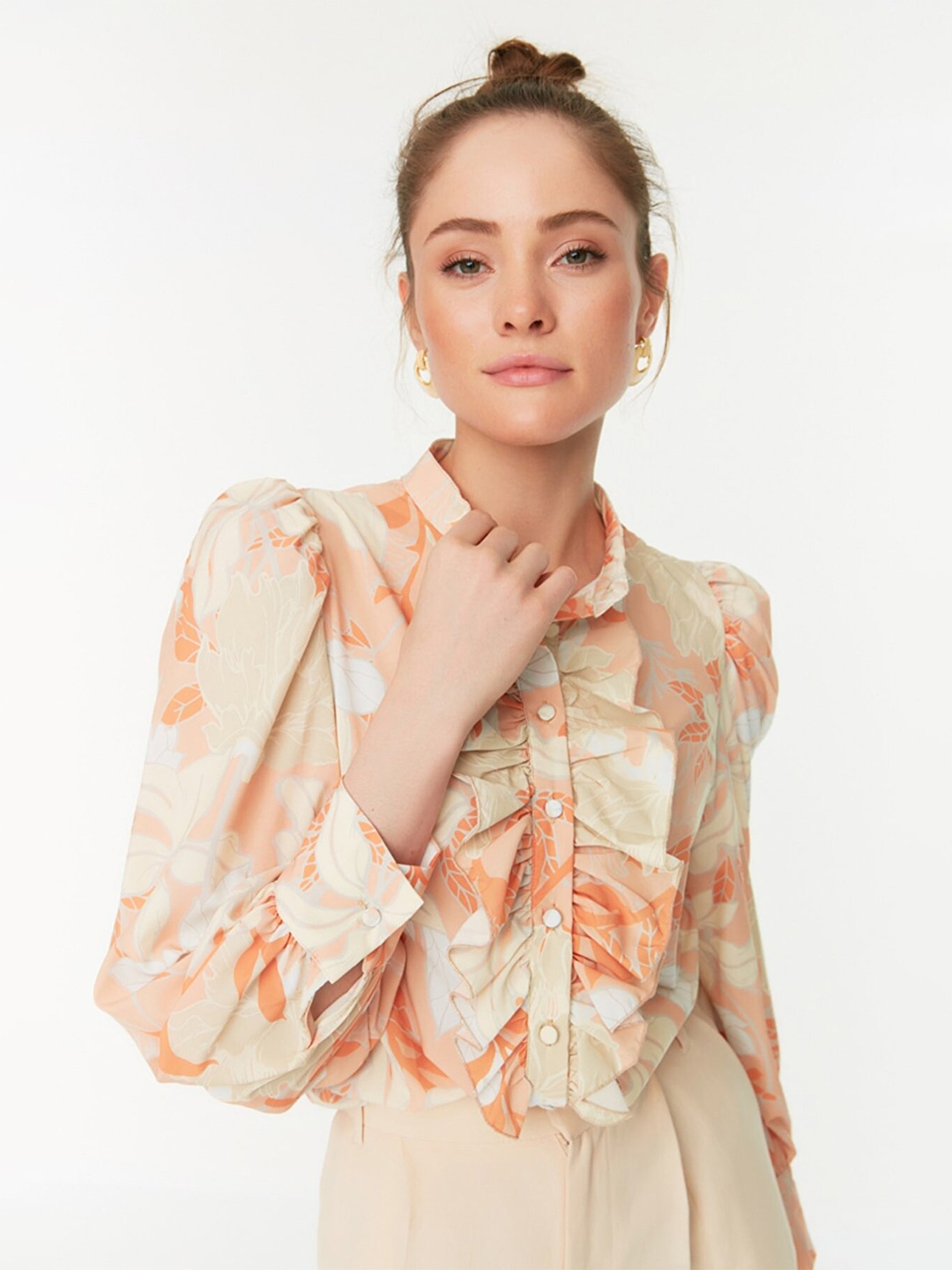 

Trendyol Women Orange Floral Printed Casual Shirt