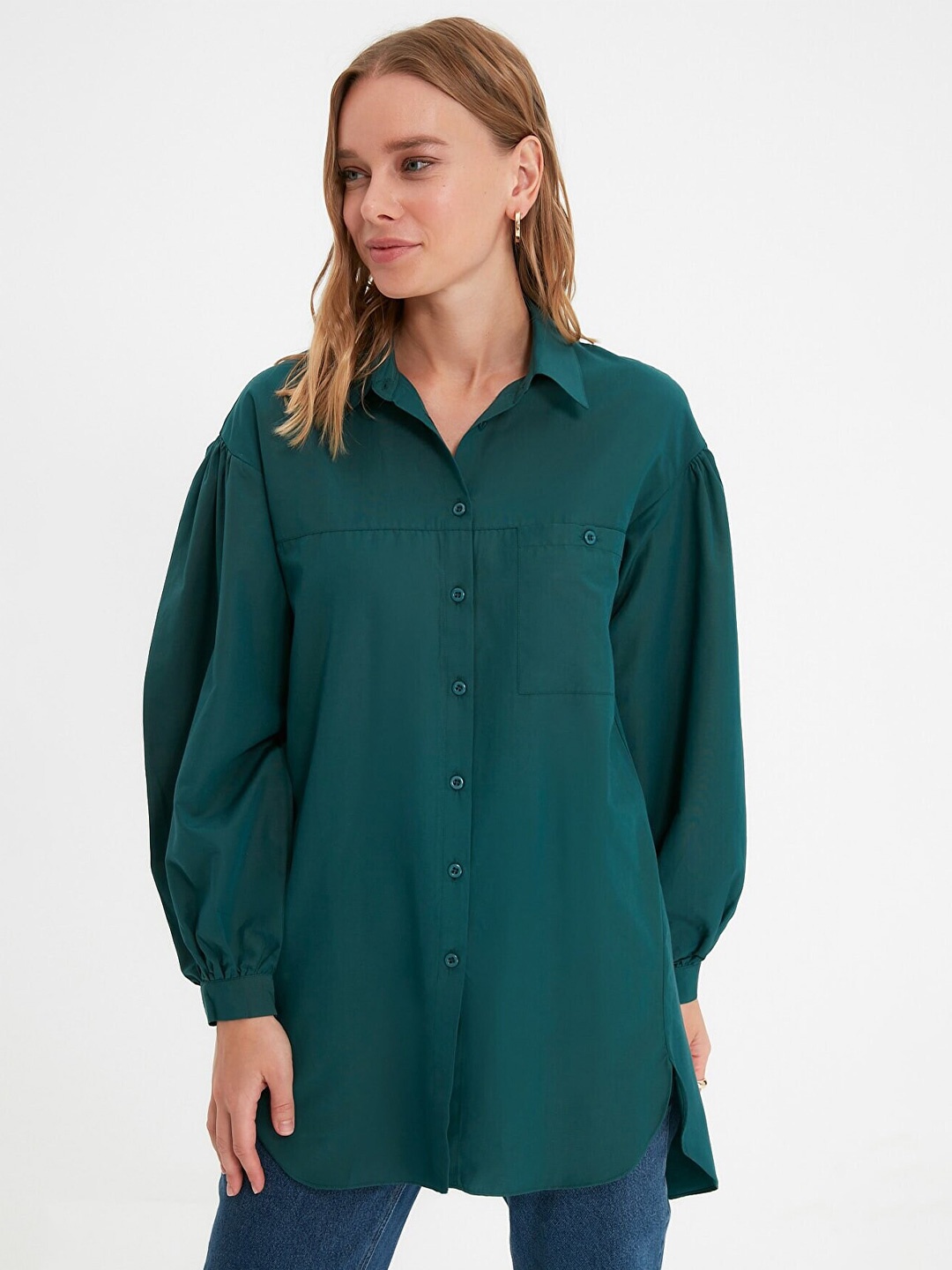 

Trendyol Women Green Solid Longline Casual Shirt