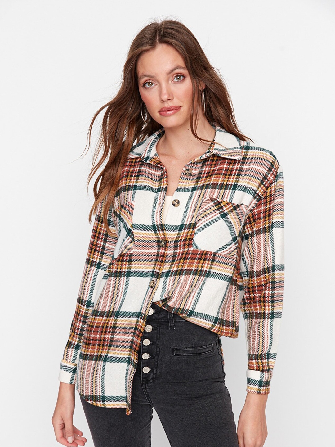 

Trendyol Women Brown And White Tartan Check Long Sleeves Regular Fit Casual Shirt
