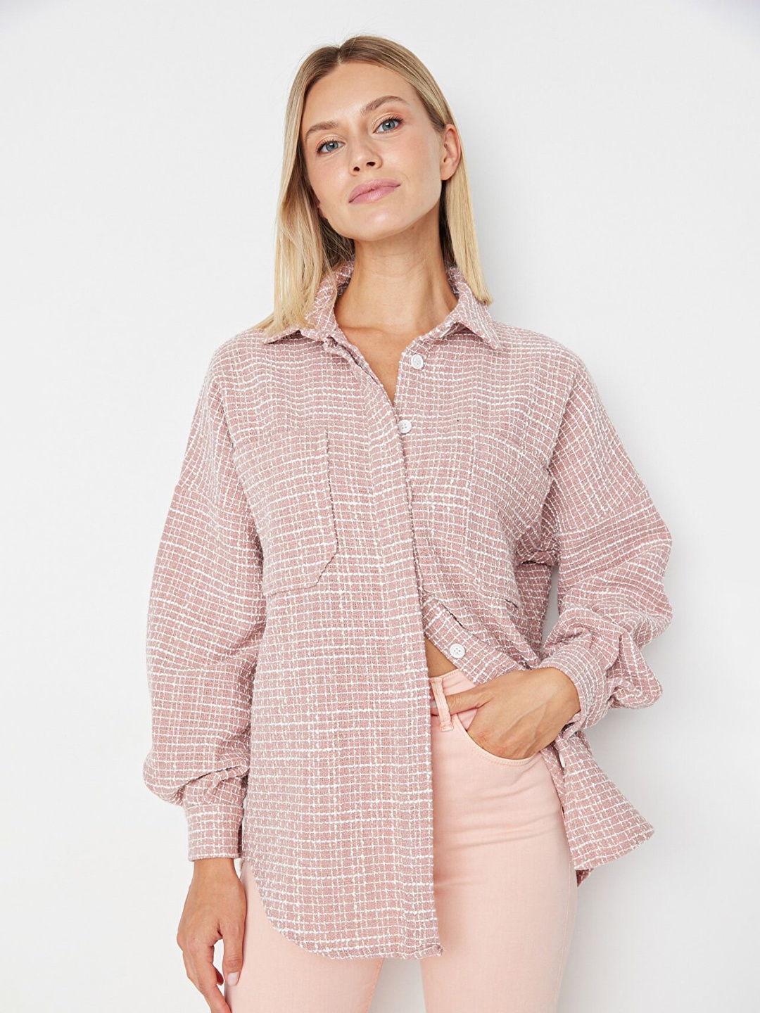 

Trendyol Women Rose Pink Checked Long Sleeves Regular Fit Casual Shirt