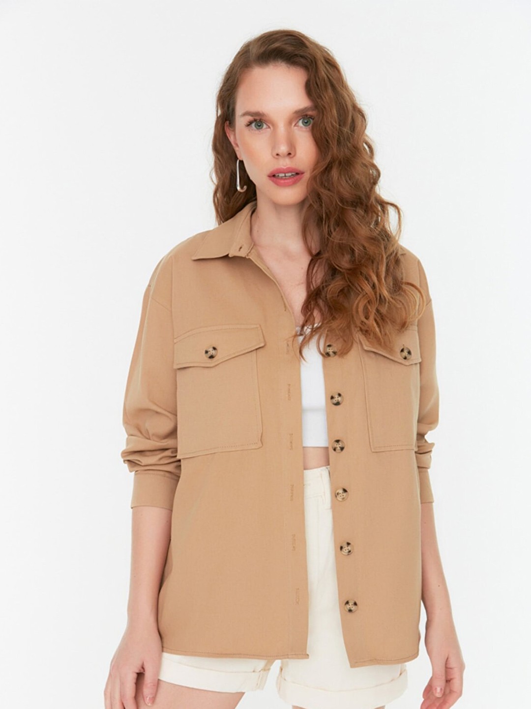 

Trendyol Women Beige Long Sleeves Cotton Regular Fit Casual Shirt