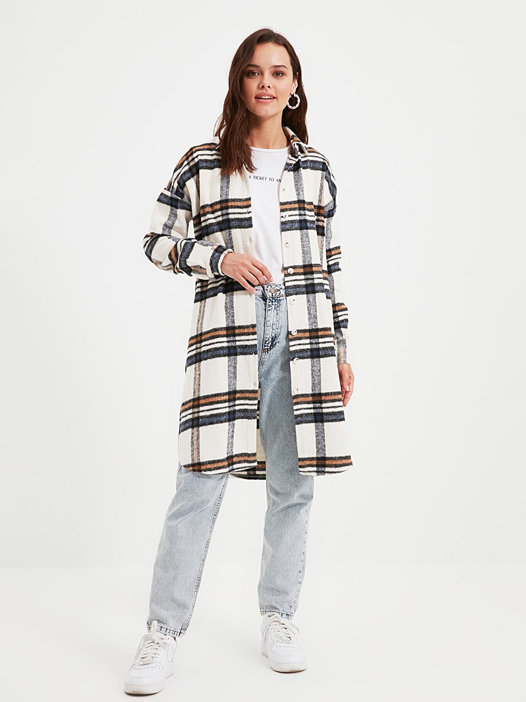 

Trendyol Women Off White Tartan Checks Checked Casual Shirt