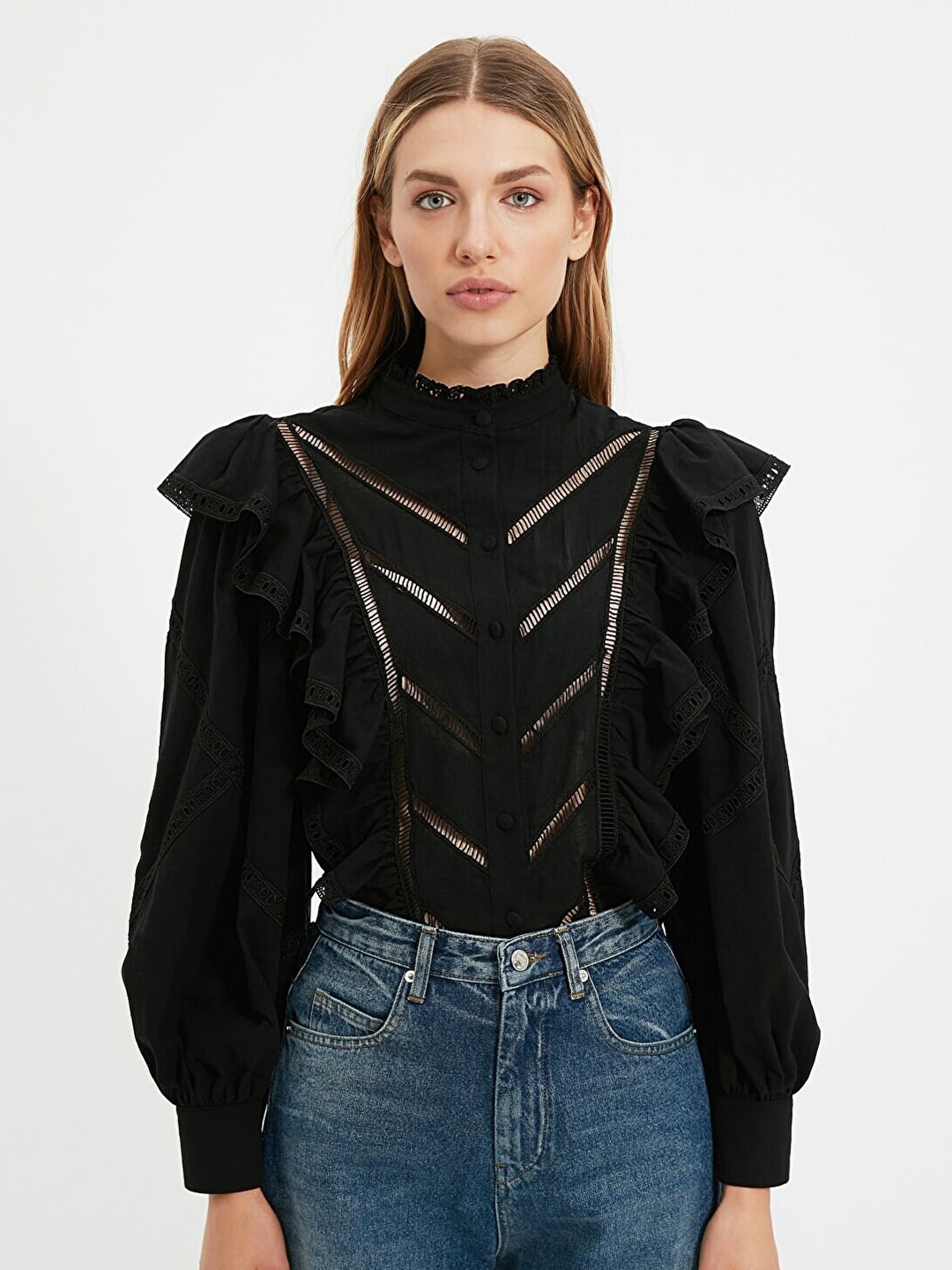 

Trendyol Women Black Ruffles Top