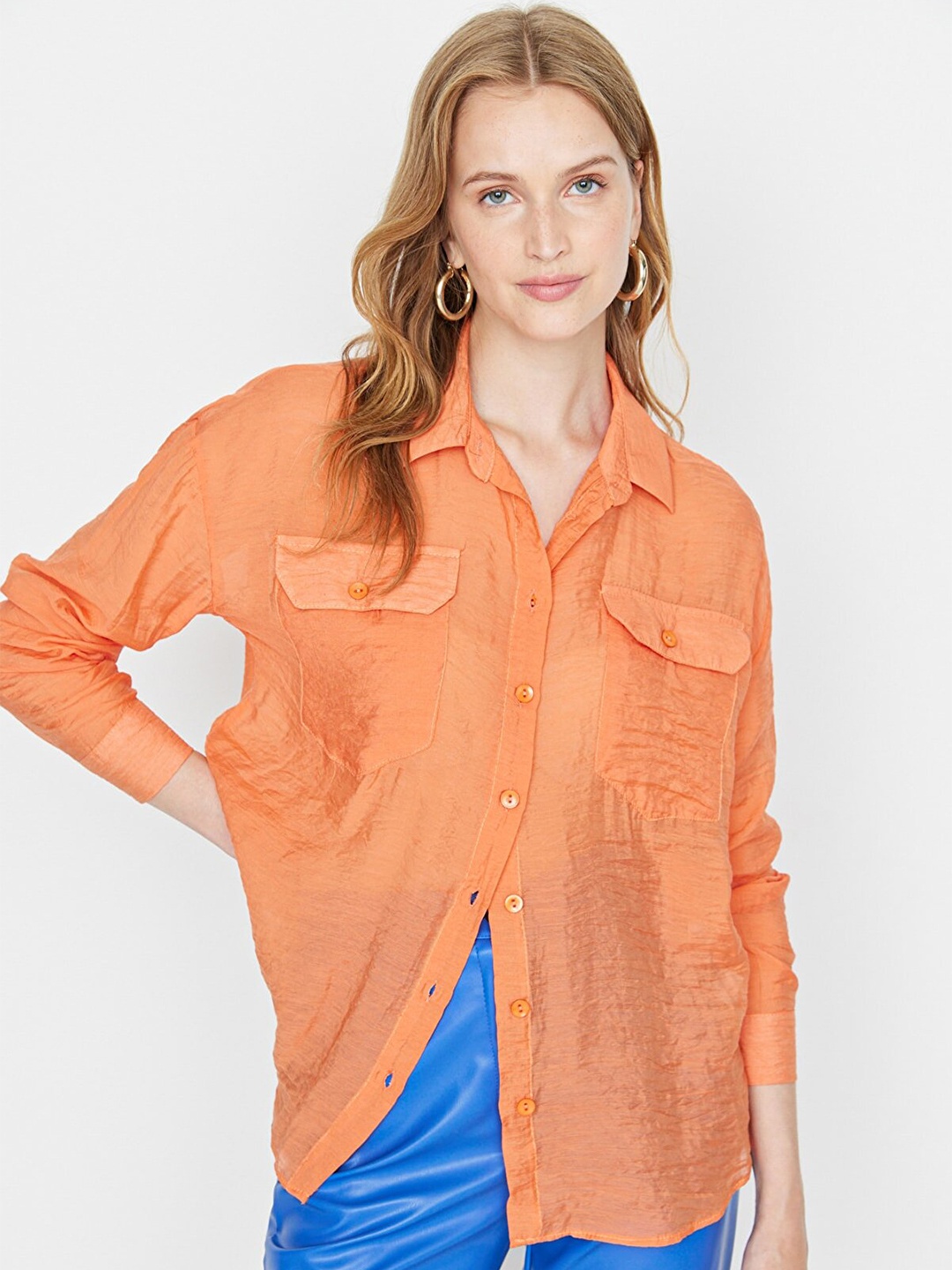 

Trendyol Women Orange Semi Sheer Casual Shirt