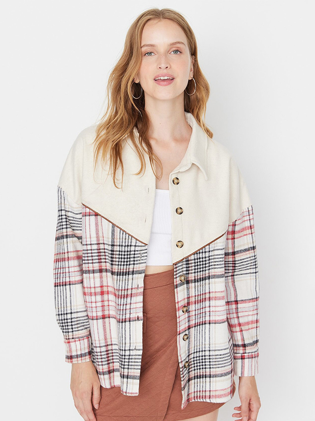 

Trendyol Women Grey Tartan Checks Checked Casual Shirt