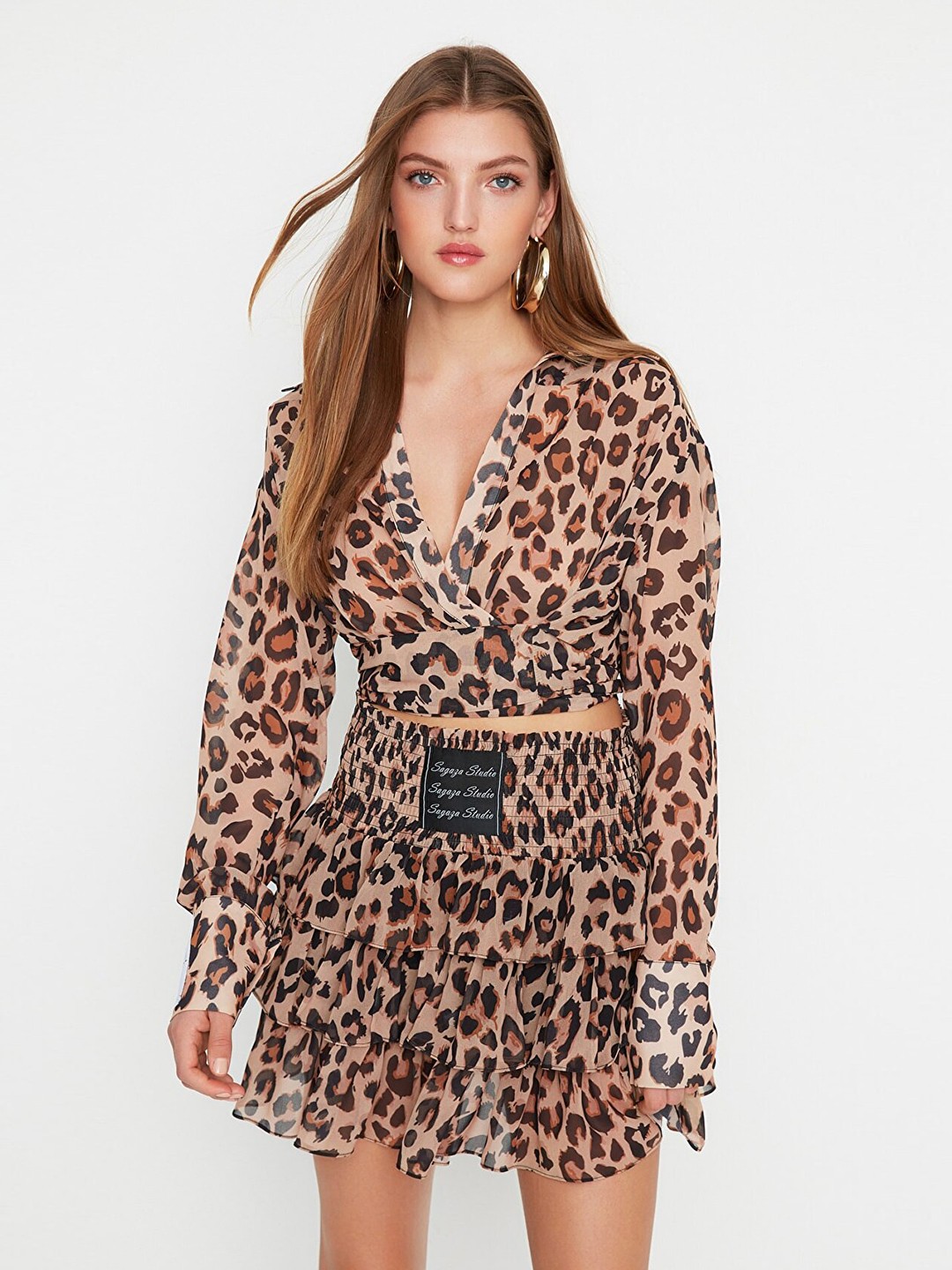 

Trendyol Women Brown & Black Animal Print Wrap Crop Top