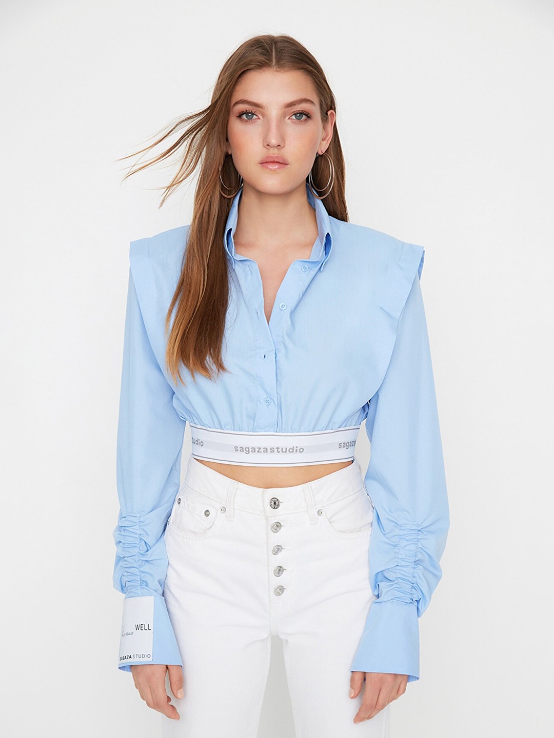 

Trendyol Women Blue Pure Cotton Shirt Style Crop Top