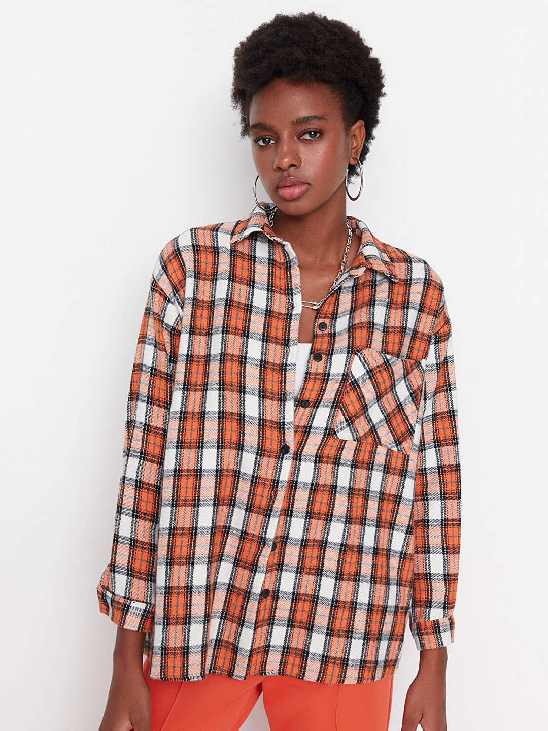 

Trendyol Women Orange & White Checked Casual Shirt