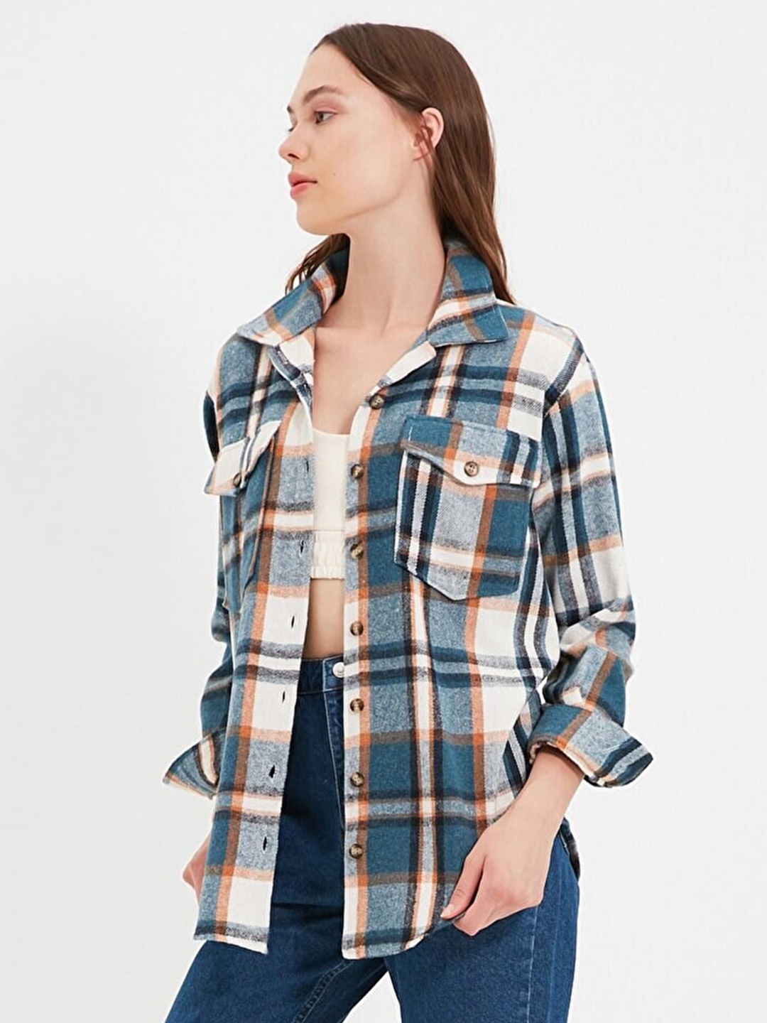 

Trendyol Women Blue & White Tartan Checked Casual Shirt