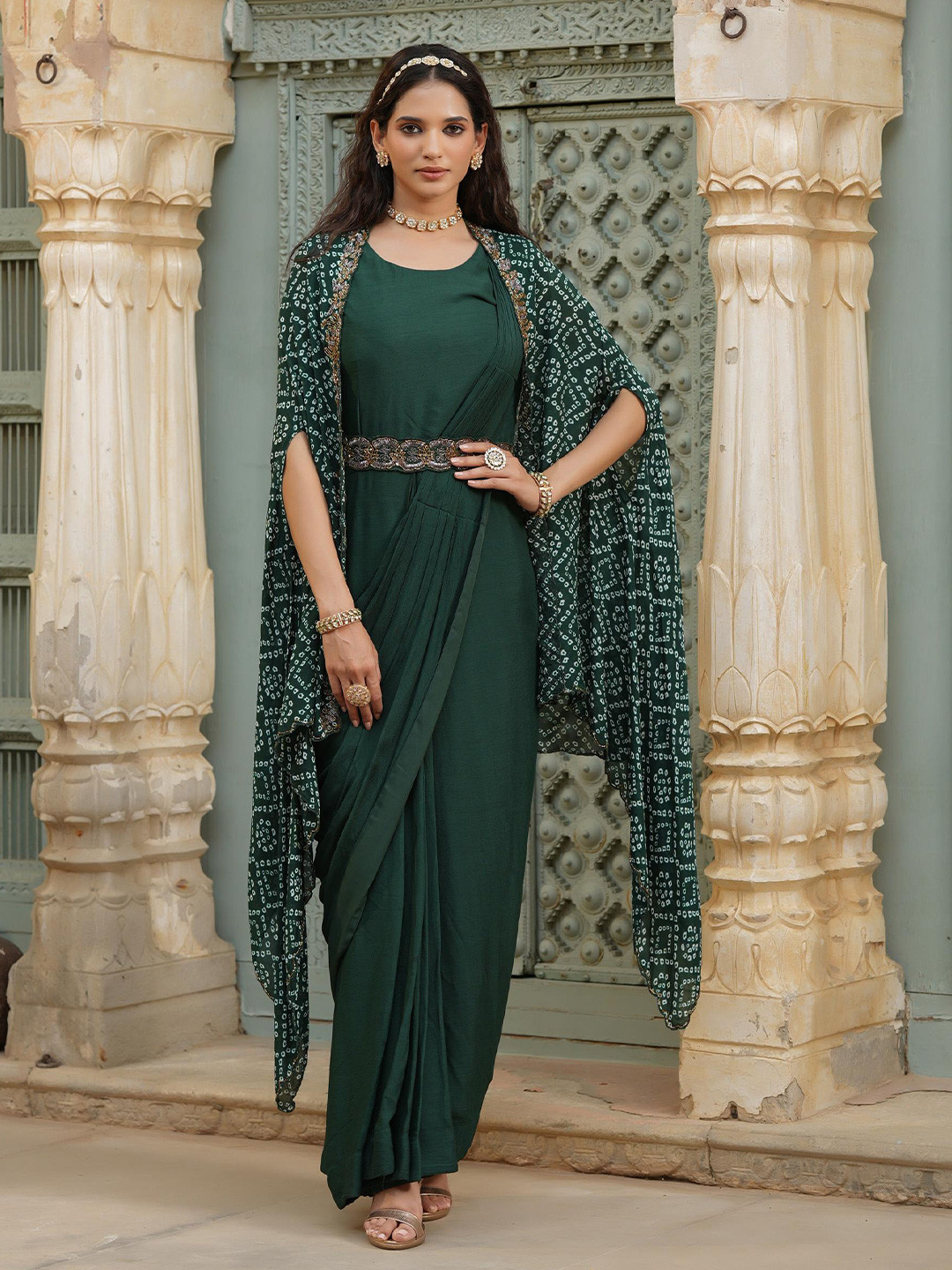 

SCAKHI Green And White Beads And Stones Embellished Ready to Wear Leheriya Saree