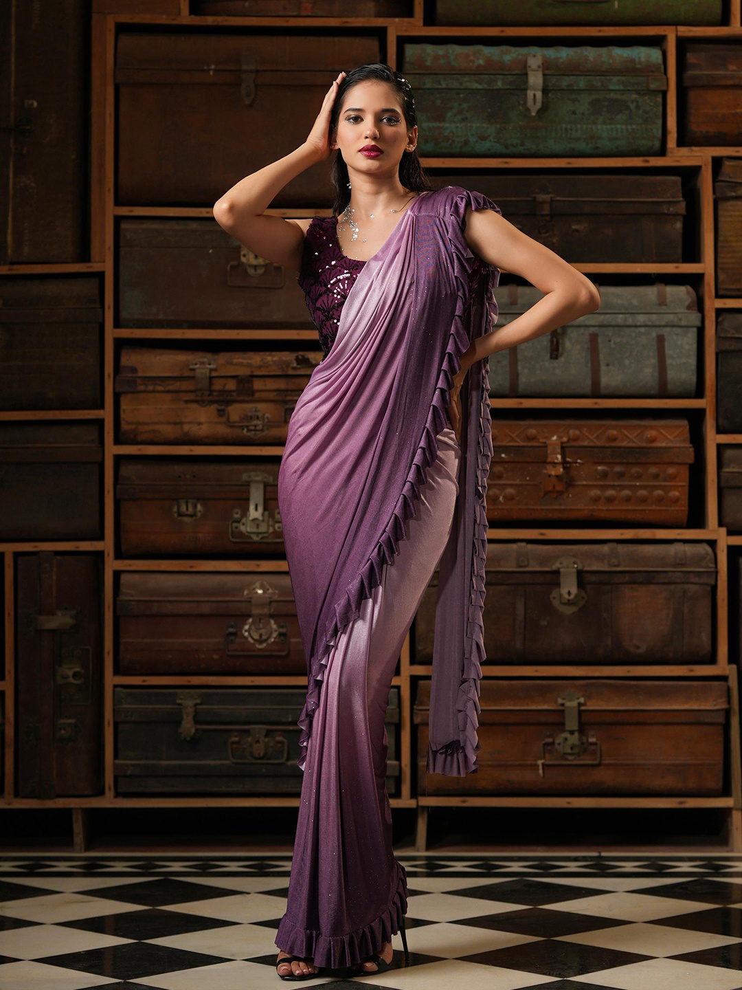 

SCAKHI Lavender Embellished Sequined Ready to Wear Saree