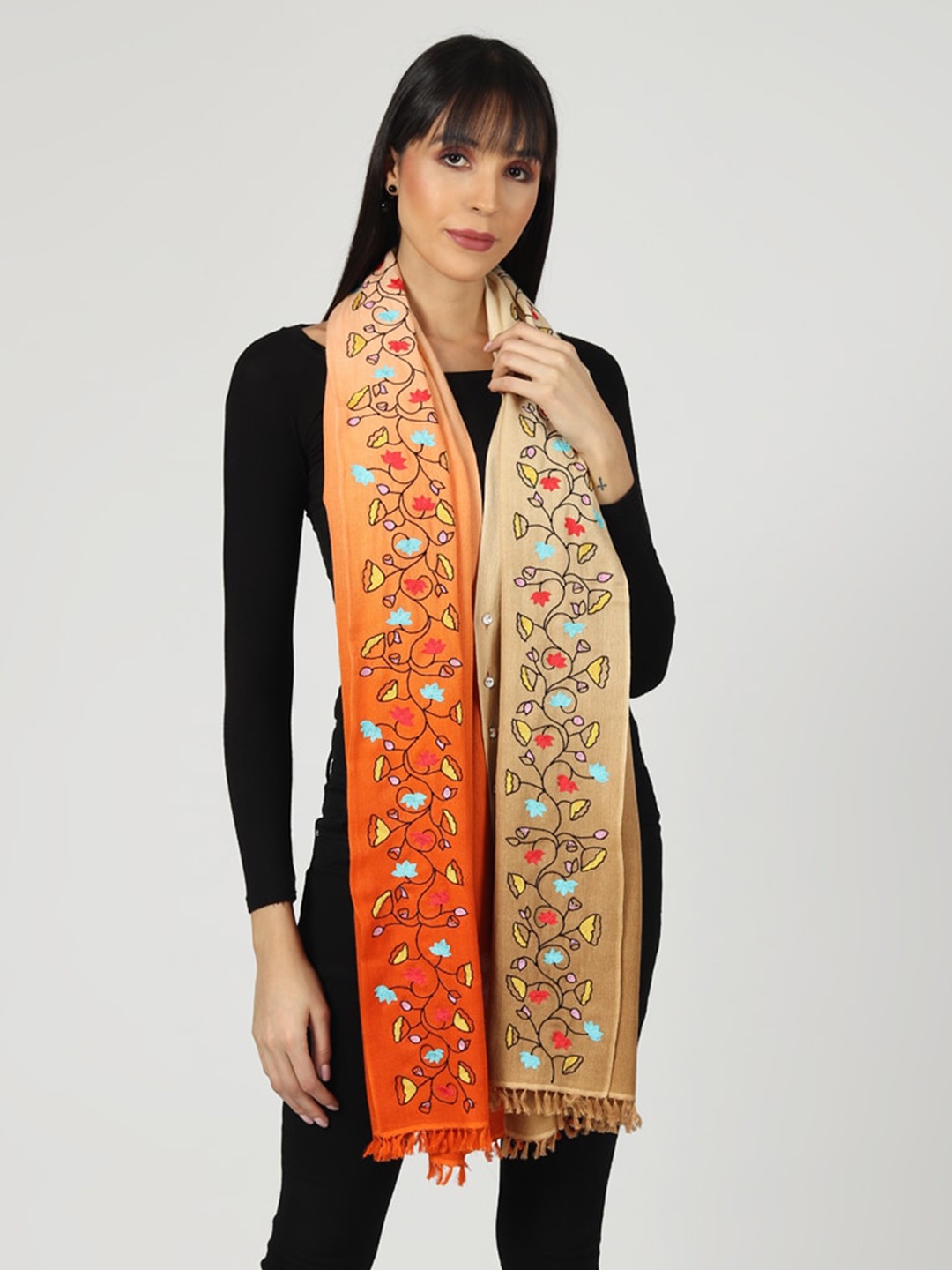 

MODARTA Women Orange & Beige Embroidered Pashmina Shawl