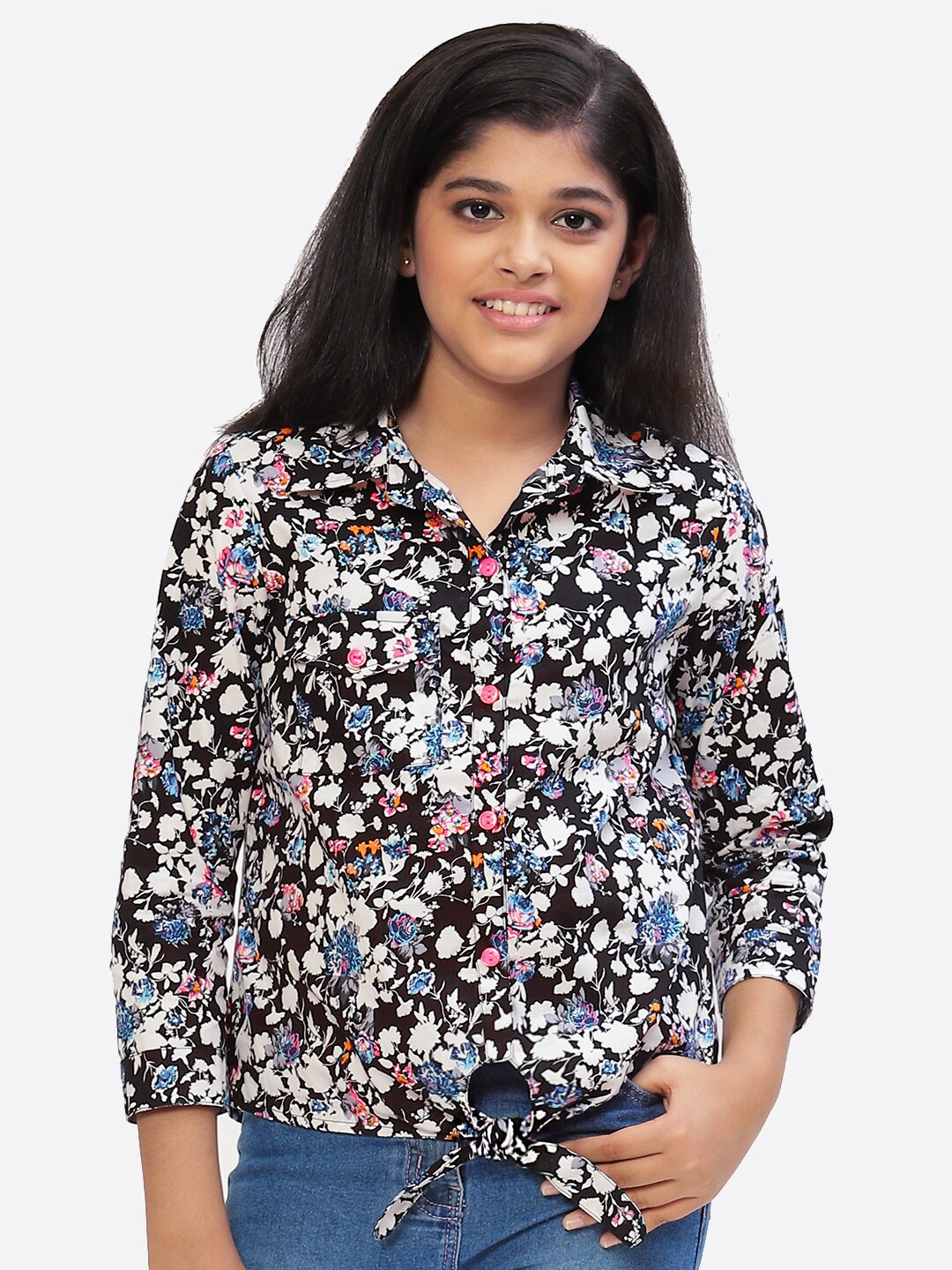 

CACA CINA Black & White Floral Print Pure Cotton Shirt Style Top
