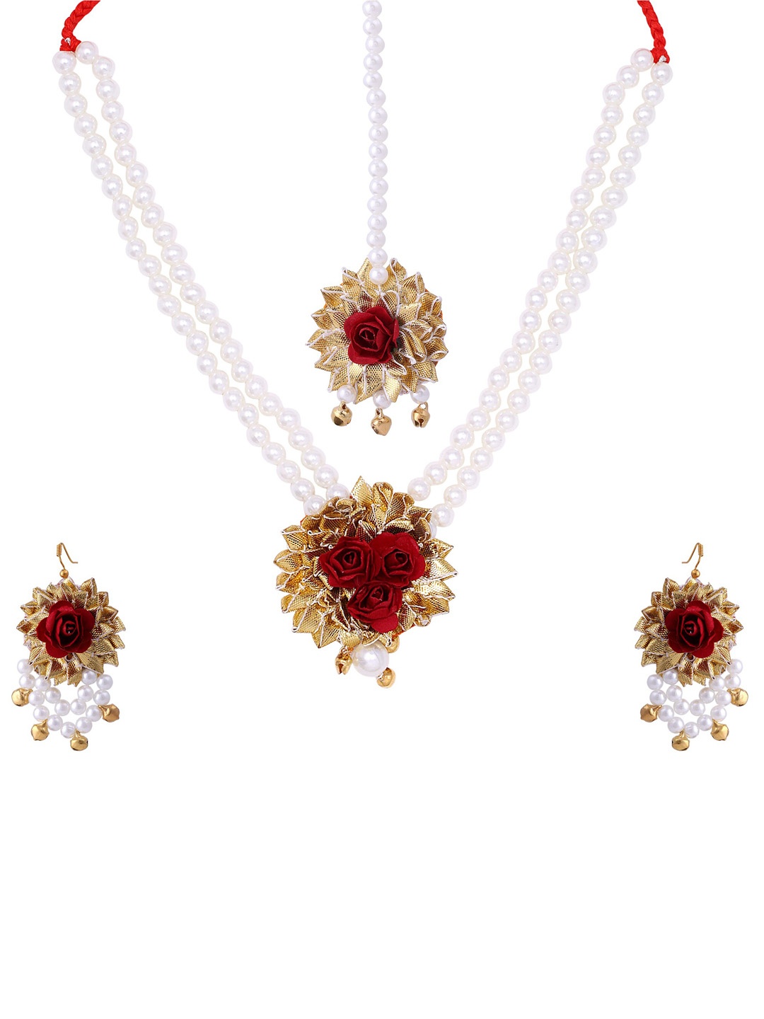 

Sanjog Red Floral Embellished & White Beaded Jewellery Set