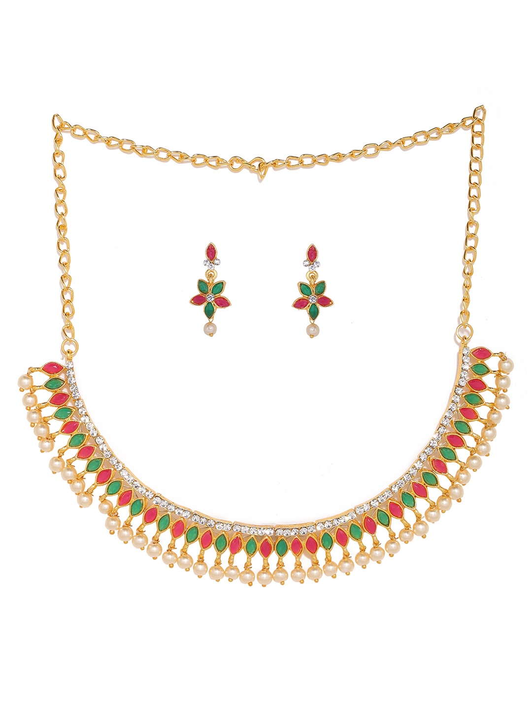 

Sanjog Gold-Plated Pink & Green Stone-Studded & Beaded Jewellery Set