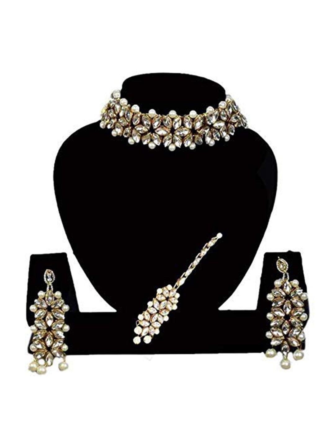 

Sanjog Gold-Plated White Stone-Studded & Beaded Jewellery Set