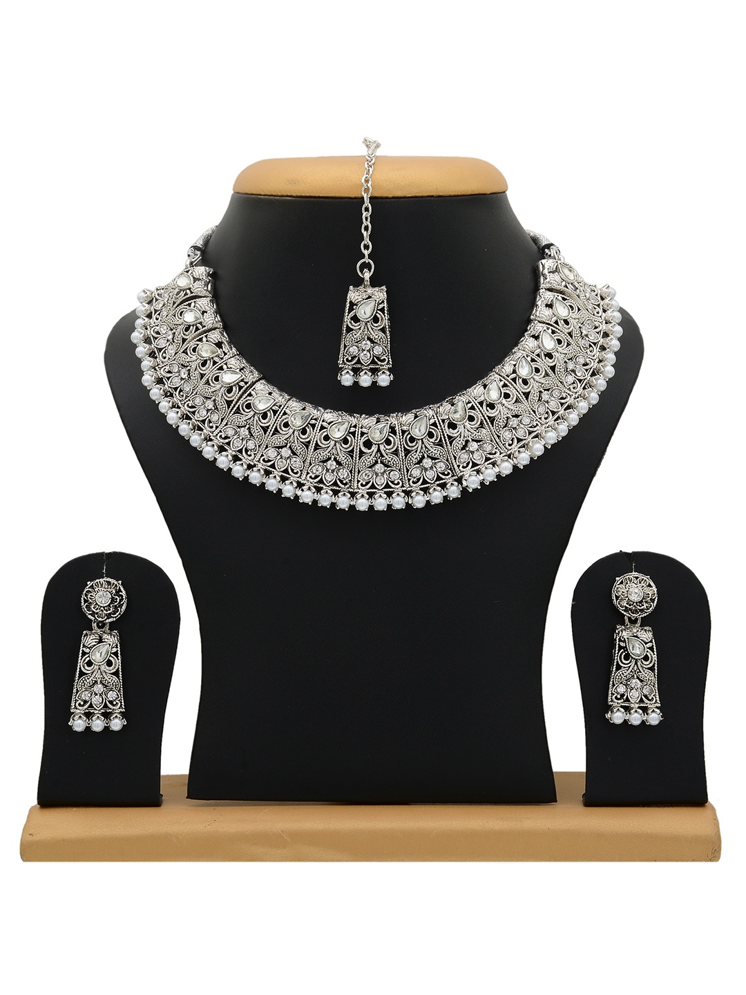 

Sanjog Oxidized Silver-Plated White Stone-Studded & Beaded Jewellery Set