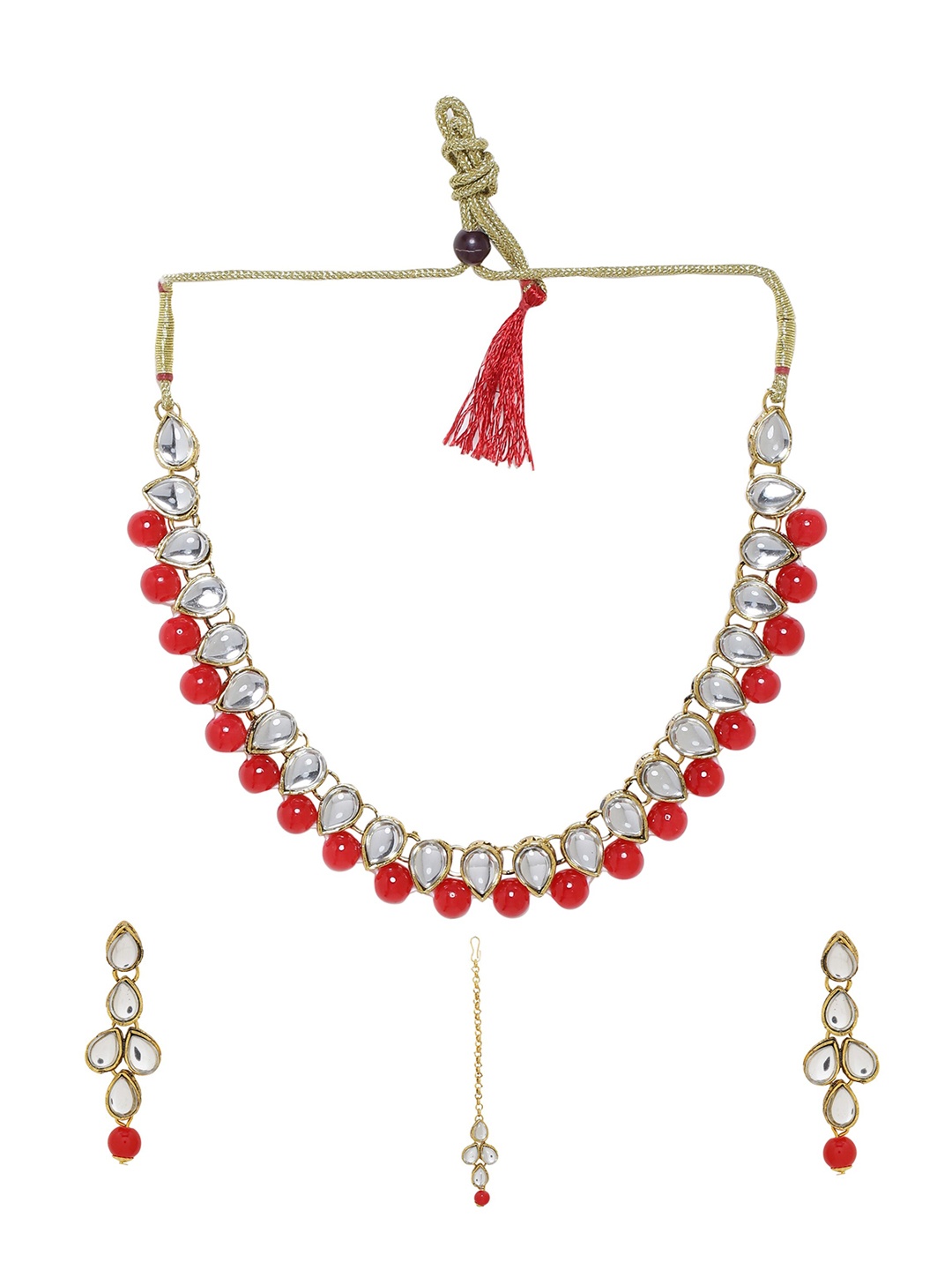 

Sanjog Gold-Plated Red & White Stone-Studded & Beaded Jewellery Set