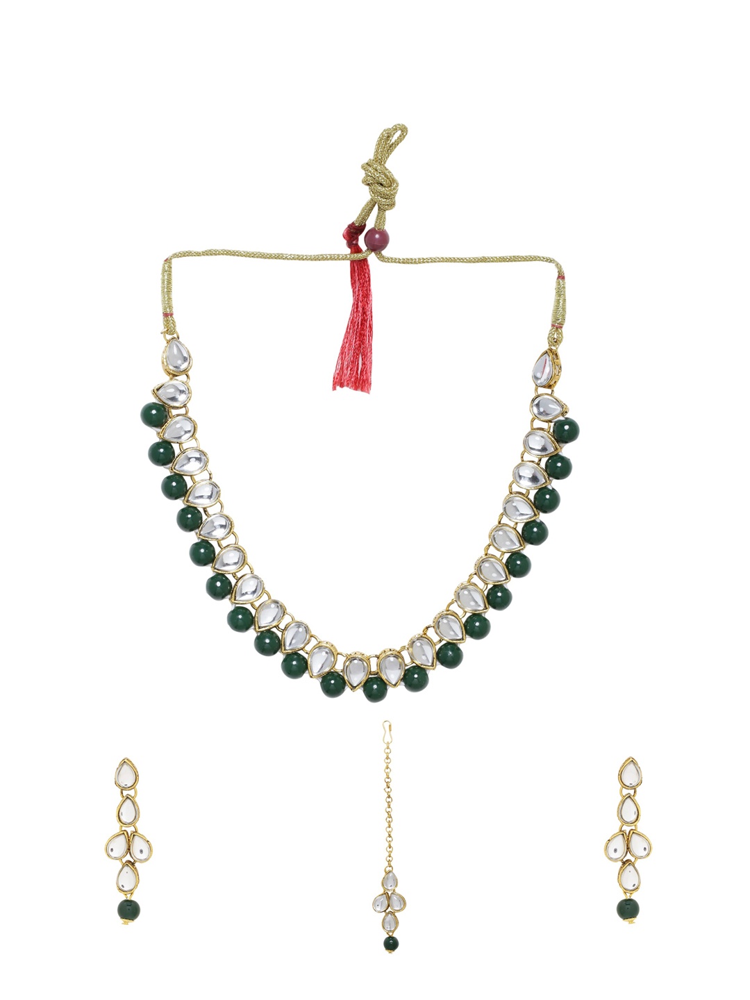 

Sanjog Gold-Plated Green & White Stone-Studded & Beaded Jewellery Set