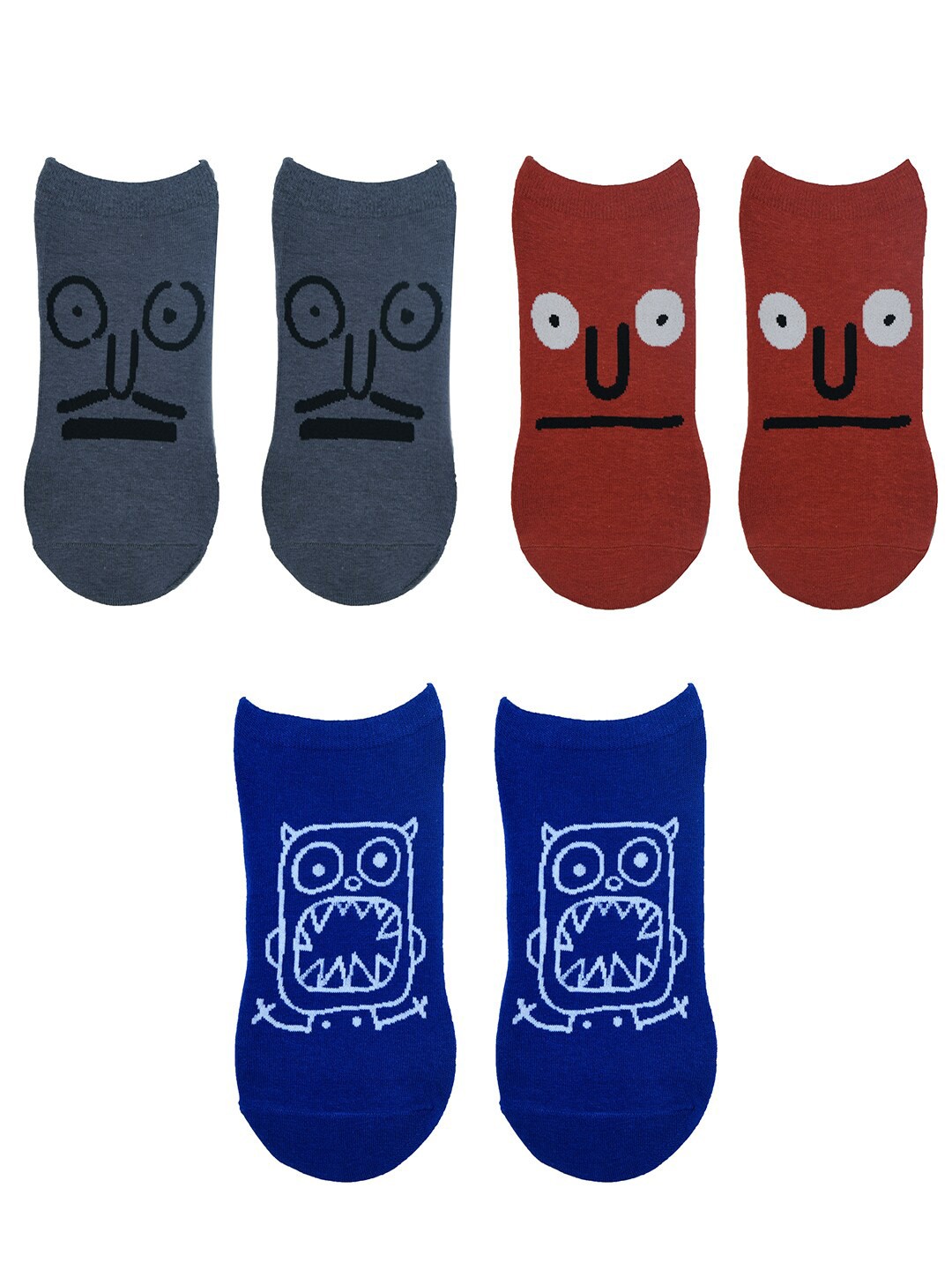 

TOFFCRAFT Men Pack Of 3 Grey Red & Blue Patterned Ankle-Length Socks