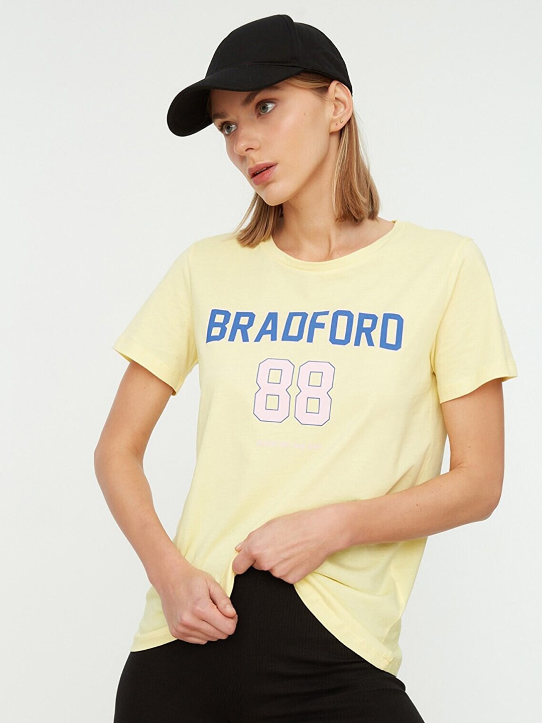 

Trendyol Women Yellow Typography Printed Cotton T-shirt