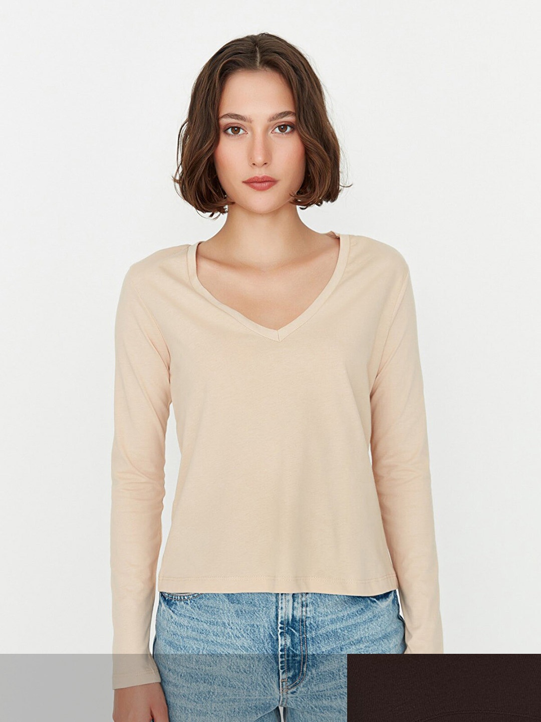 

Trendyol Women Pack of 2 Brown & Beige Pure Cotton V-Neck T-shirts