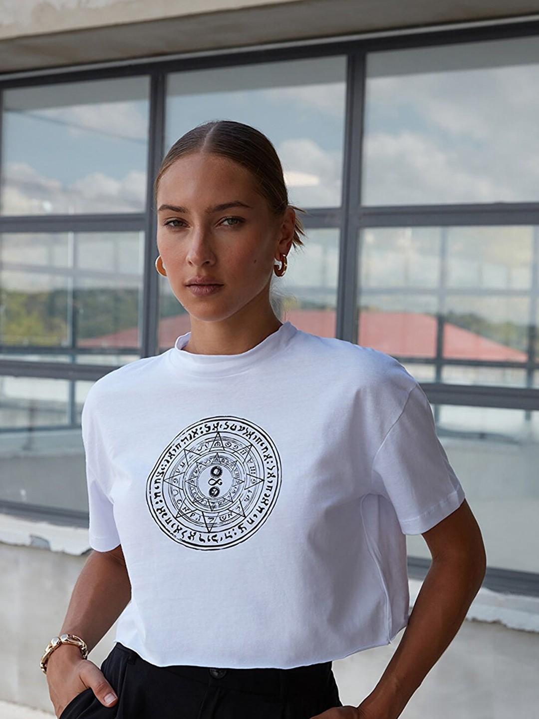 

Trendyol Women White & Black Printed Pure Cotton T-shirt