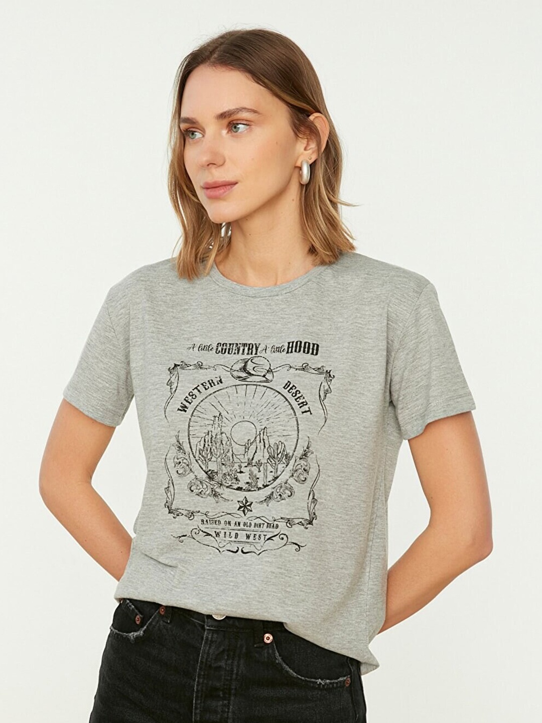

Trendyol Women Grey & Black Printed Pure Cotton T-shirt