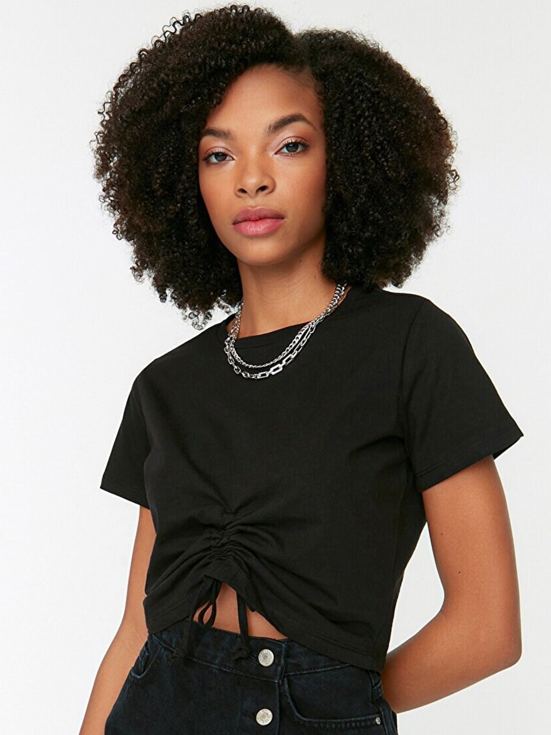 

Trendyol Women Black Solid Pure Cotton Crop T-shirt