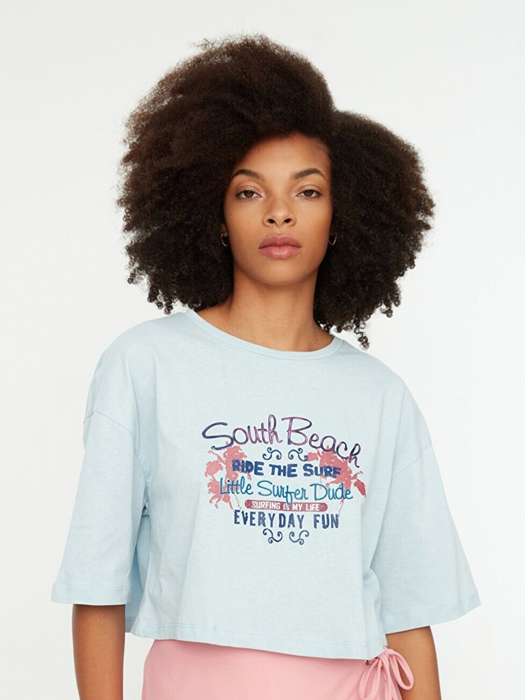 

Trendyol Women Blue & Peach Typography Printed Pure Cotton T-shirt