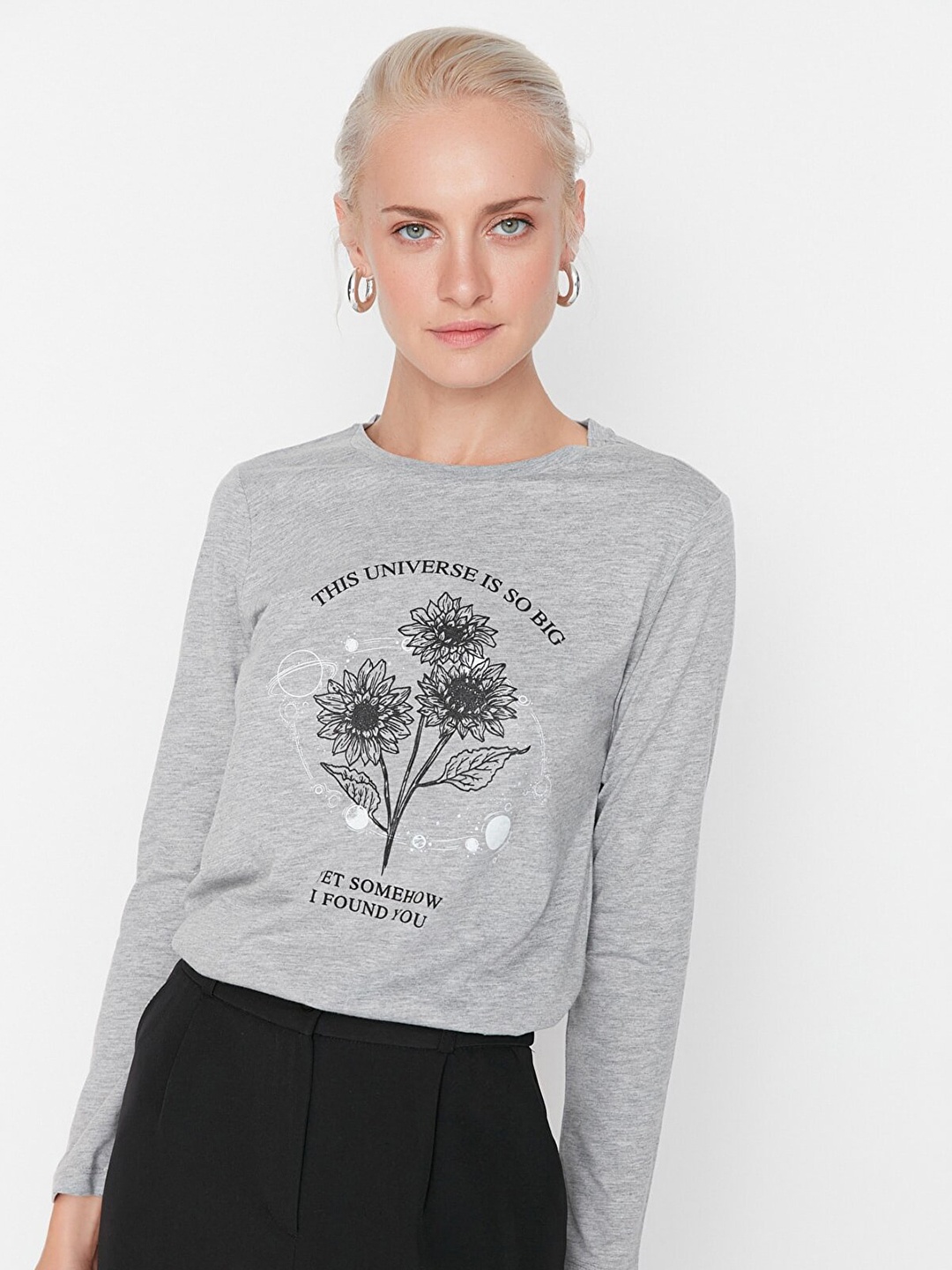 

Trendyol Women Grey Printed Pure Cotton T-shirt