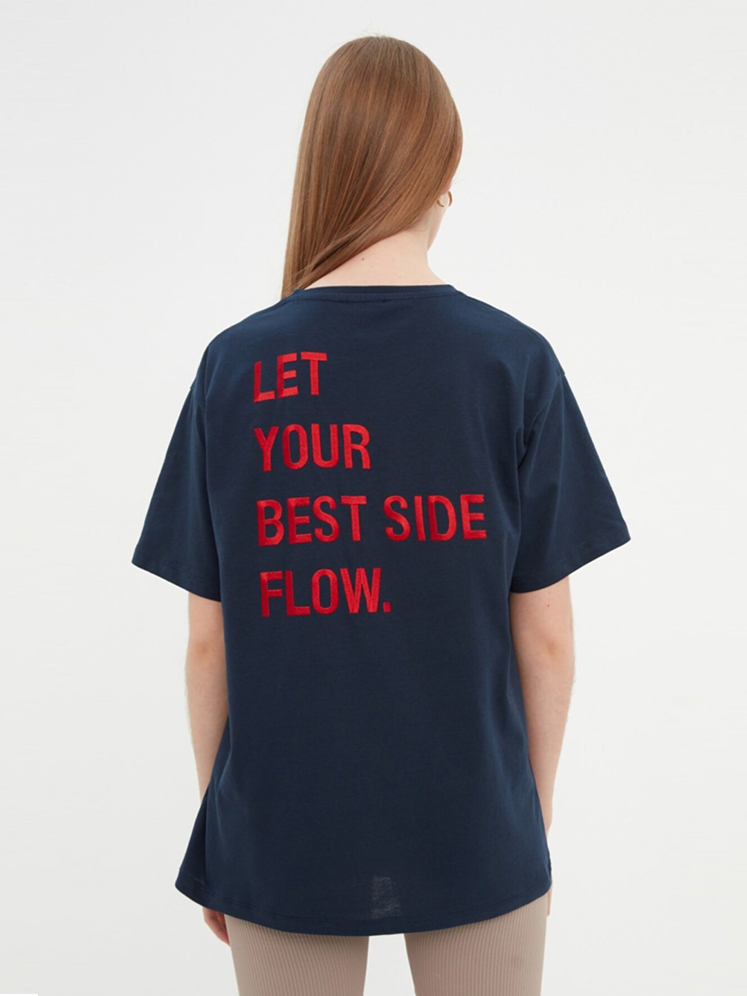 

Trendyol Women Navy Blue Typography Printed Drop-Shoulder Sleeves Cotton T-shirt