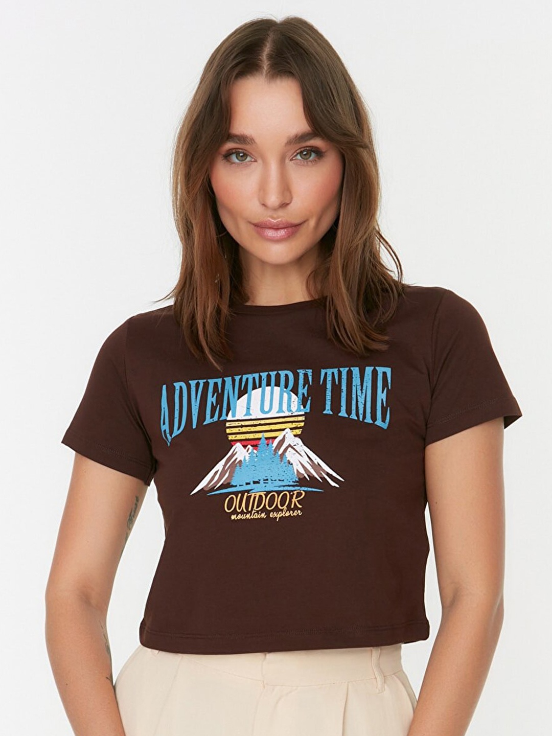 

Trendyol Women Brown & Blue Cotton Printed T-shirt