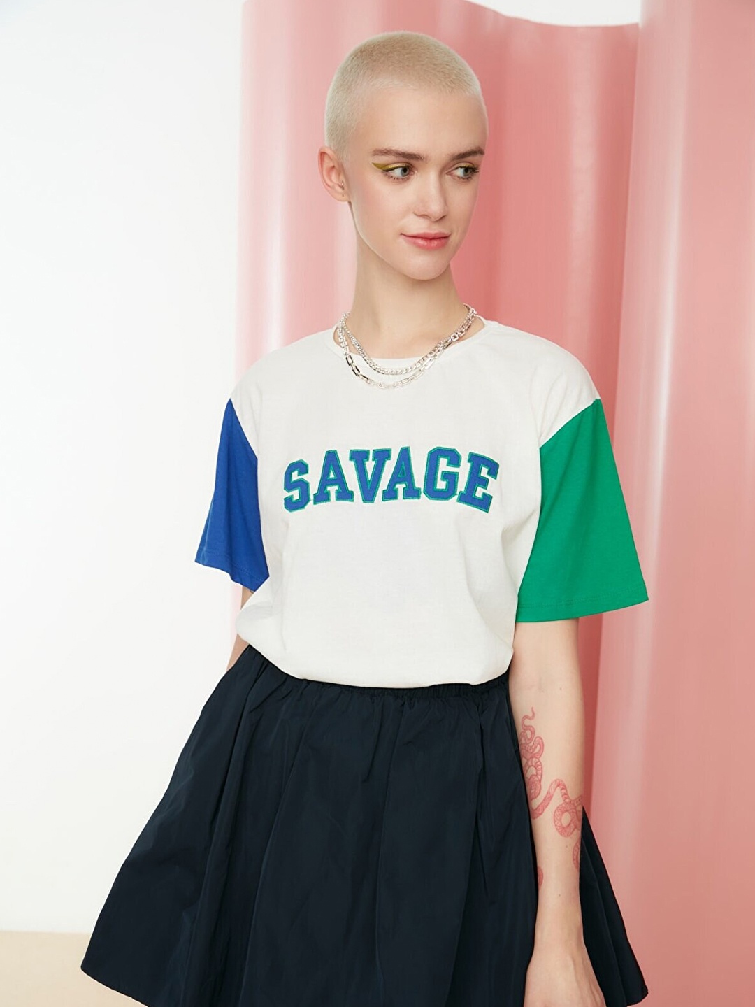 

Trendyol Women White & Blue Cotton Colourblocked Extended Sleeves T-shirt