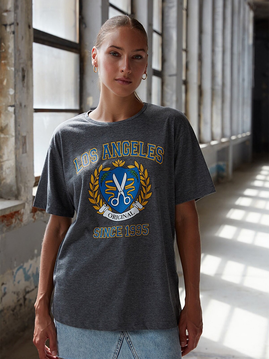 

Trendyol Women Charcoal Typography Printed T-shirt