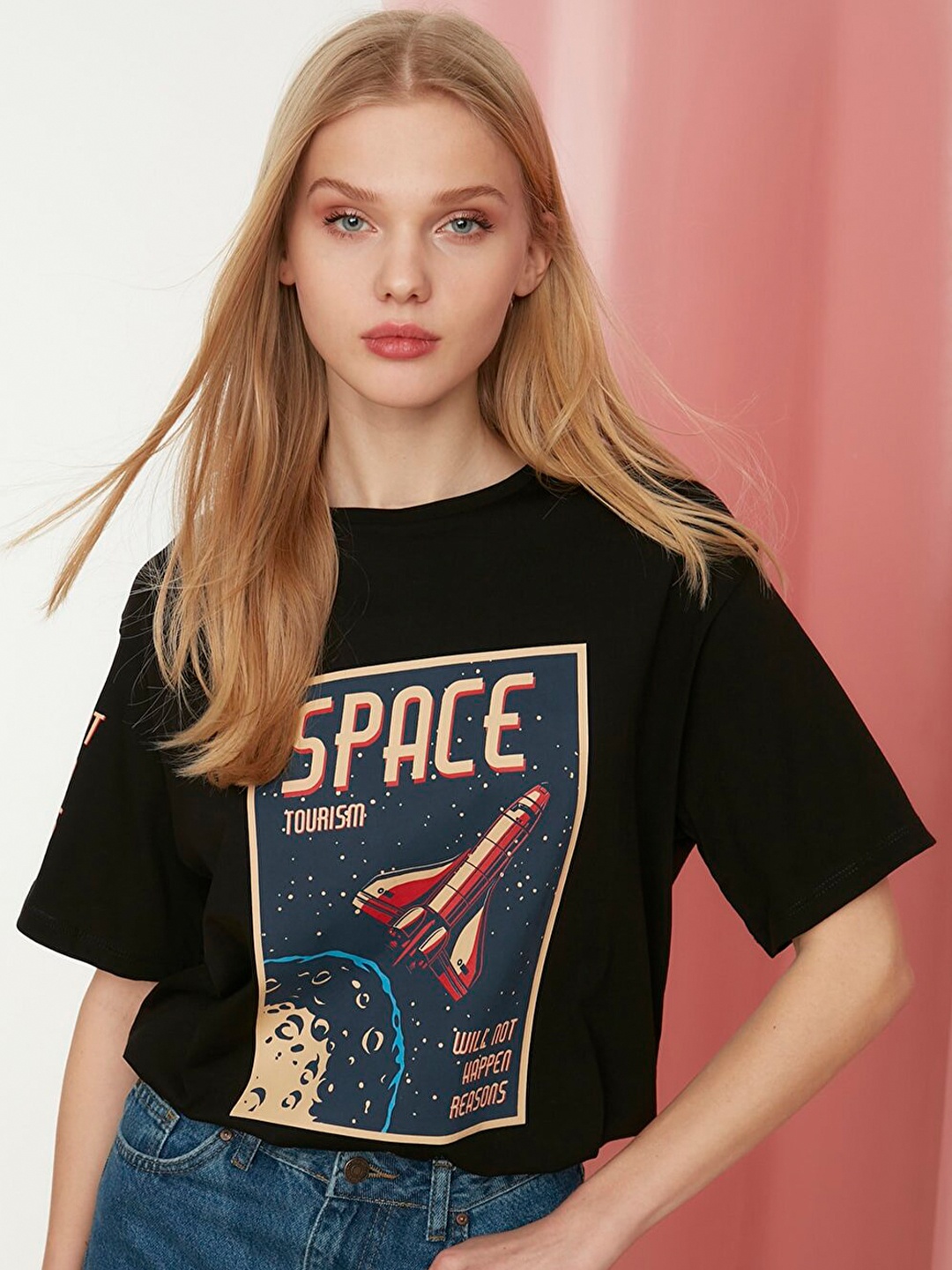 

Trendyol Women Black Printed Drop-Shoulder Sleeves T-shirt