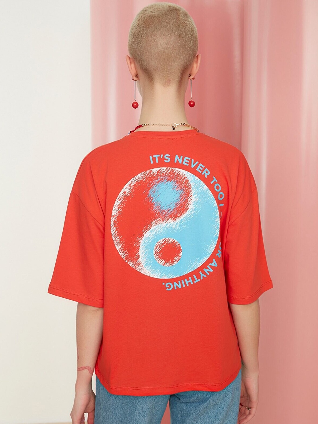 

Trendyol Women Orange Printed Drop-Shoulder Sleeves T-shirt