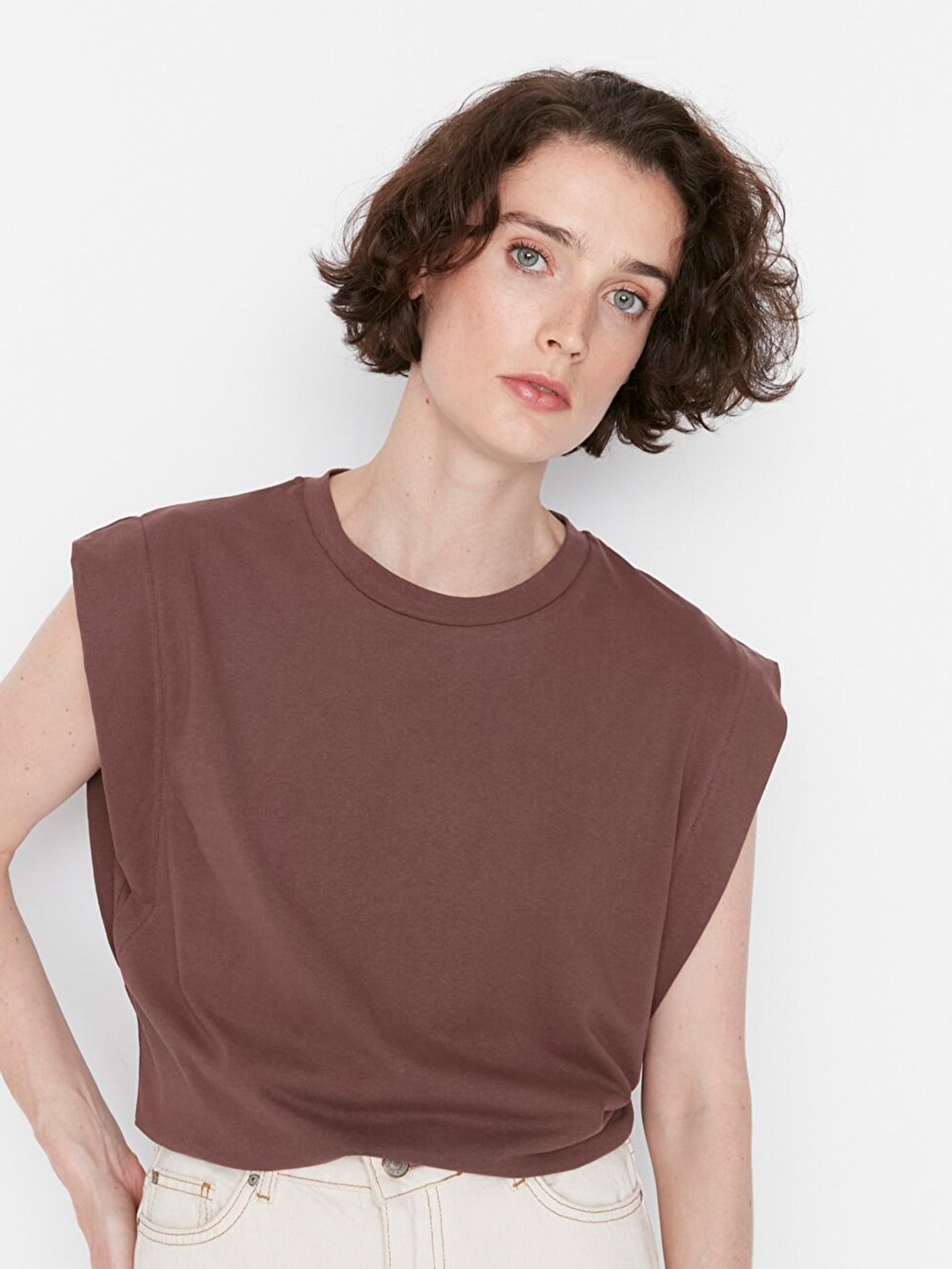 

Trendyol Women Brown Solid Pure Cotton T-shirt