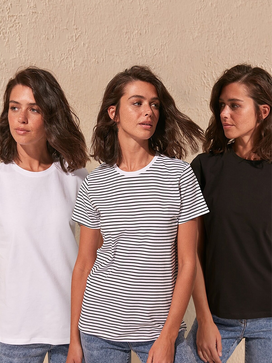 

Trendyol Women Black & White Pack Of 3 Pure Cotton T-shirt