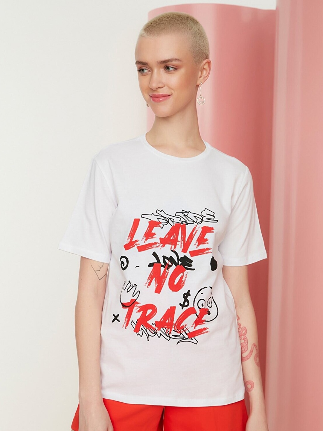 

Trendyol Women White & Red Typography Printed Pure Cotton T-shirt