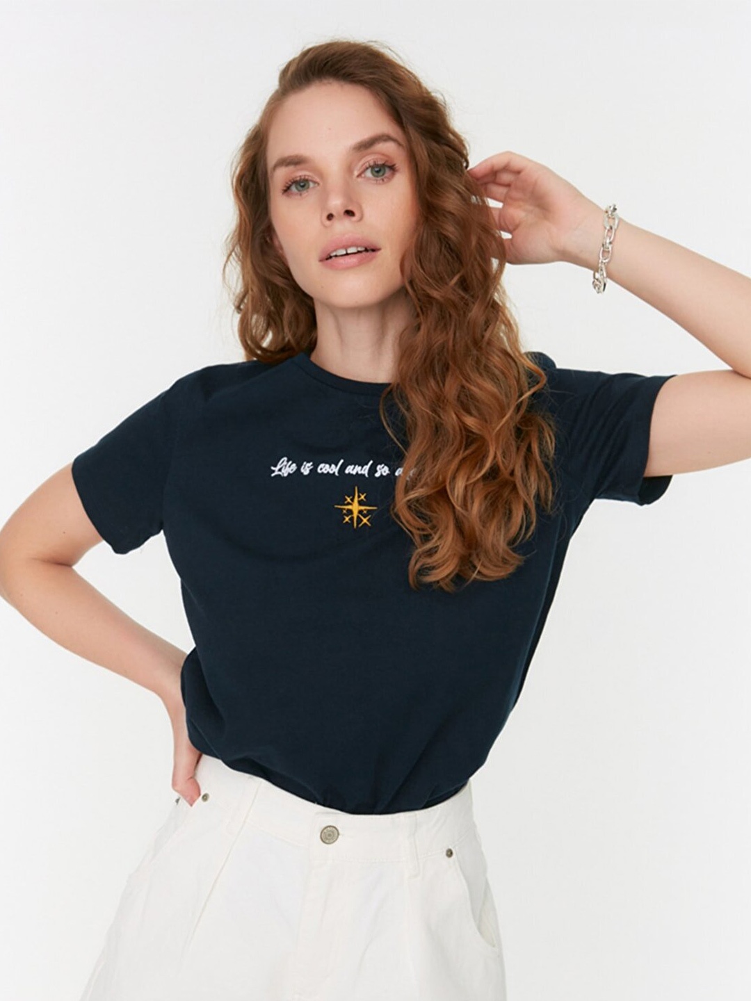 

Trendyol Women Navy Blue Typography Printed Pure Cotton T-shirt