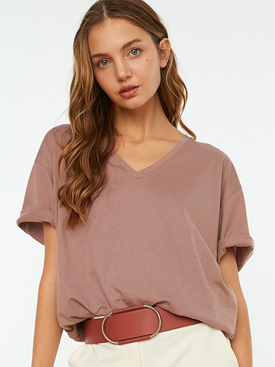 

Trendyol Women Taupe V-Neck Pure Cotton T-shirt