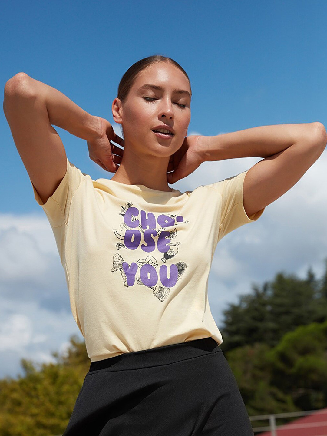 

Trendyol Women Yellow & Purple Typography Printed T-shirt