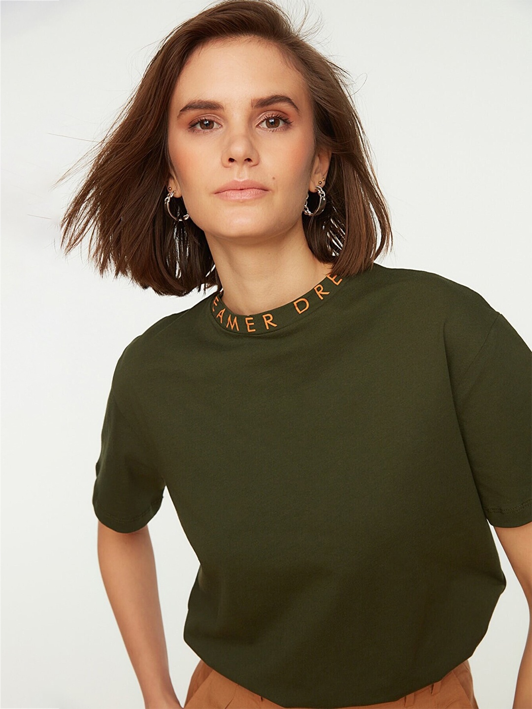 

Trendyol Women Olive Green Cotton Solid Crop T-shirt
