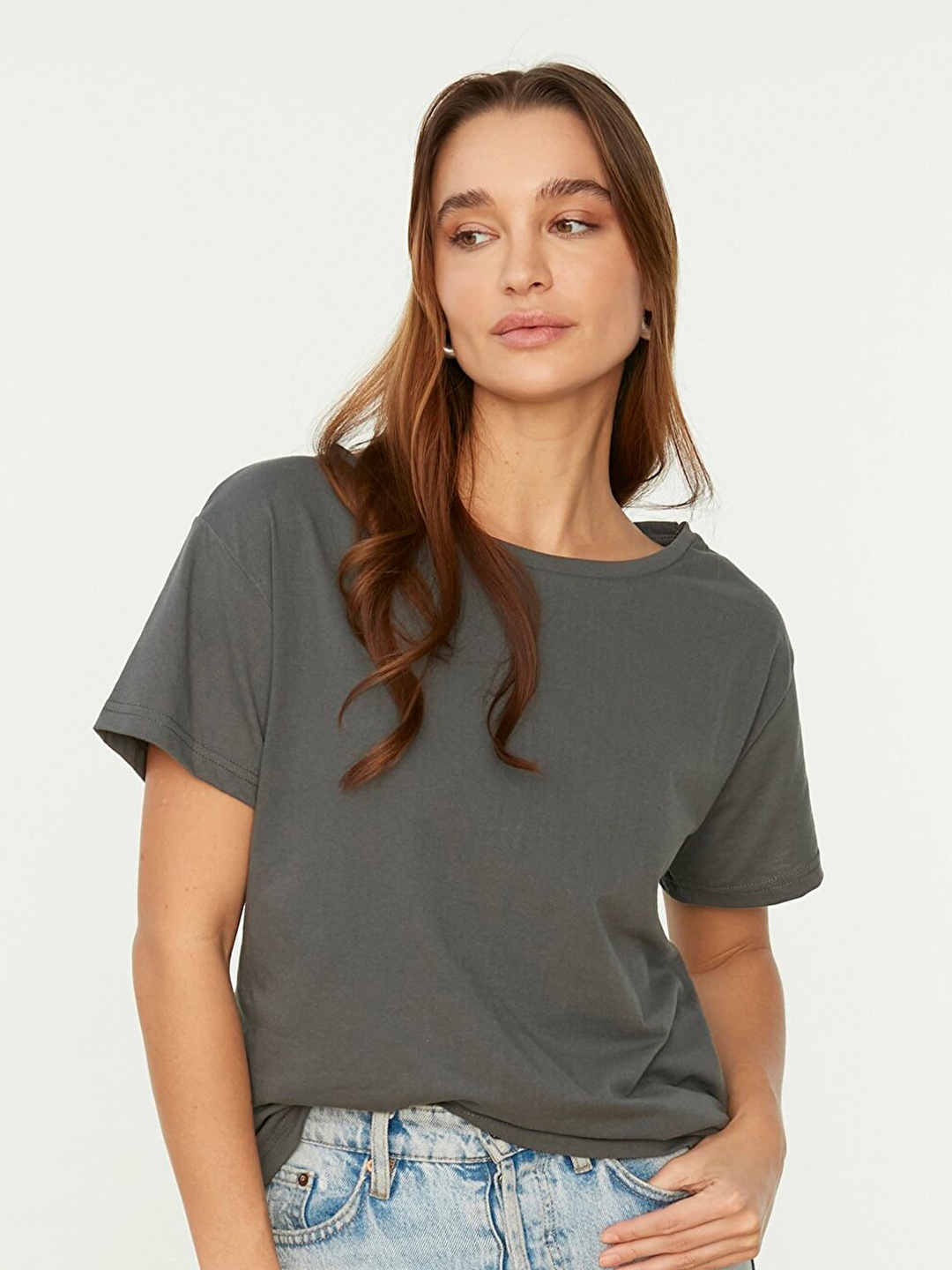 

Trendyol Women Charcoal Cotton Solid T-shirt