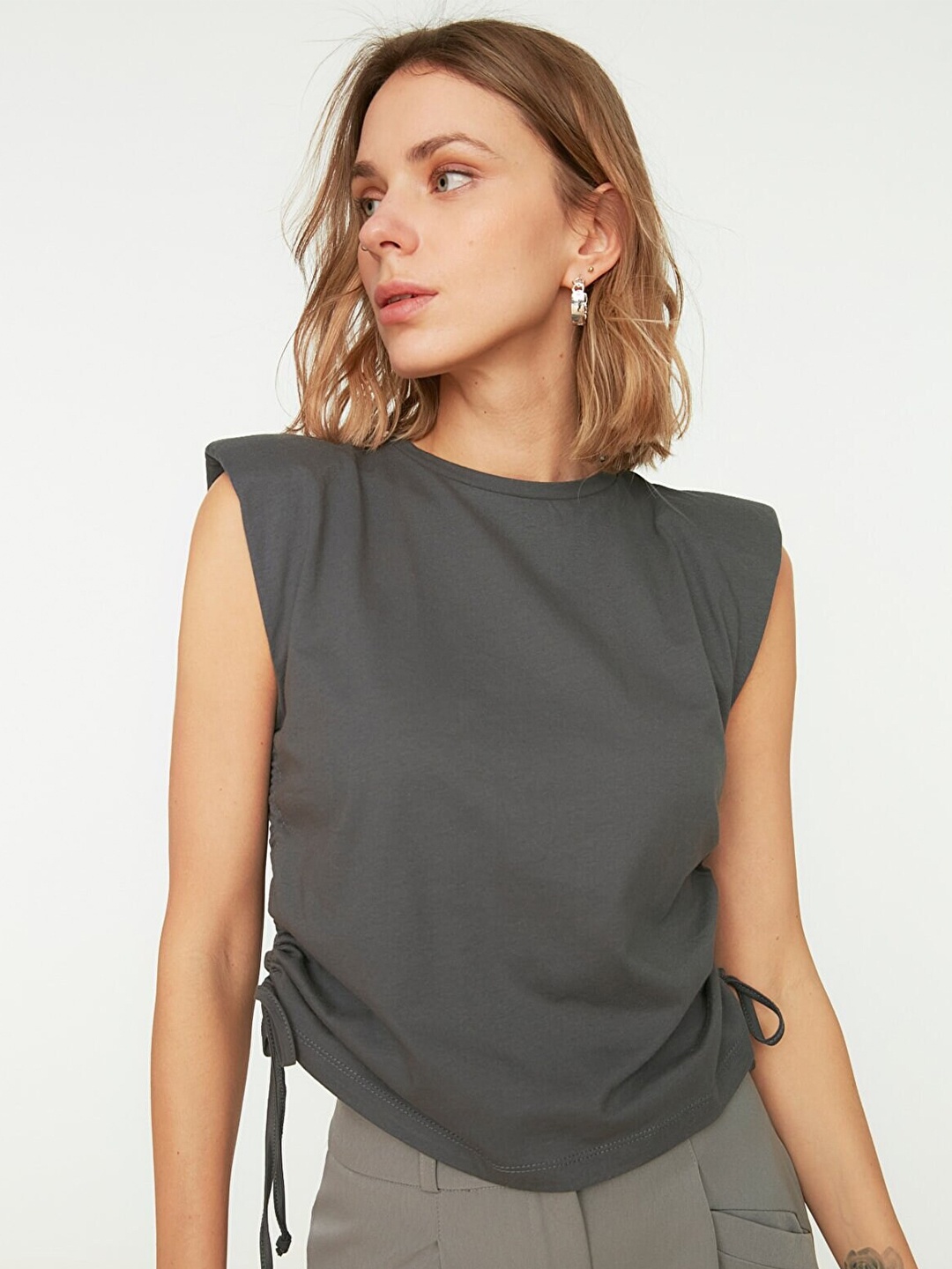 

Trendyol Women Charcoal Solid Pure Cotton Top