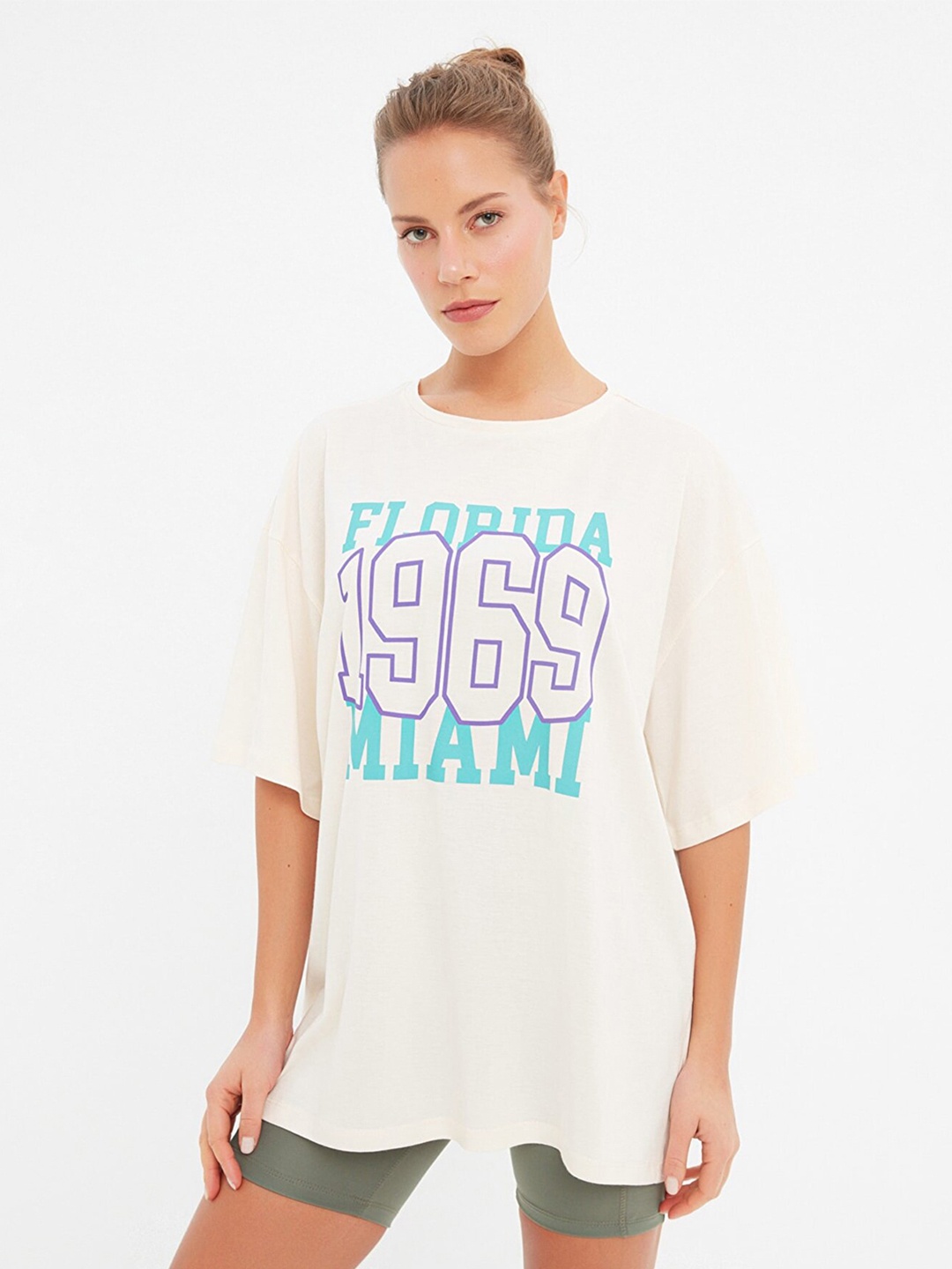 

Trendyol Women Beige Typography Printed Cotton T-shirt